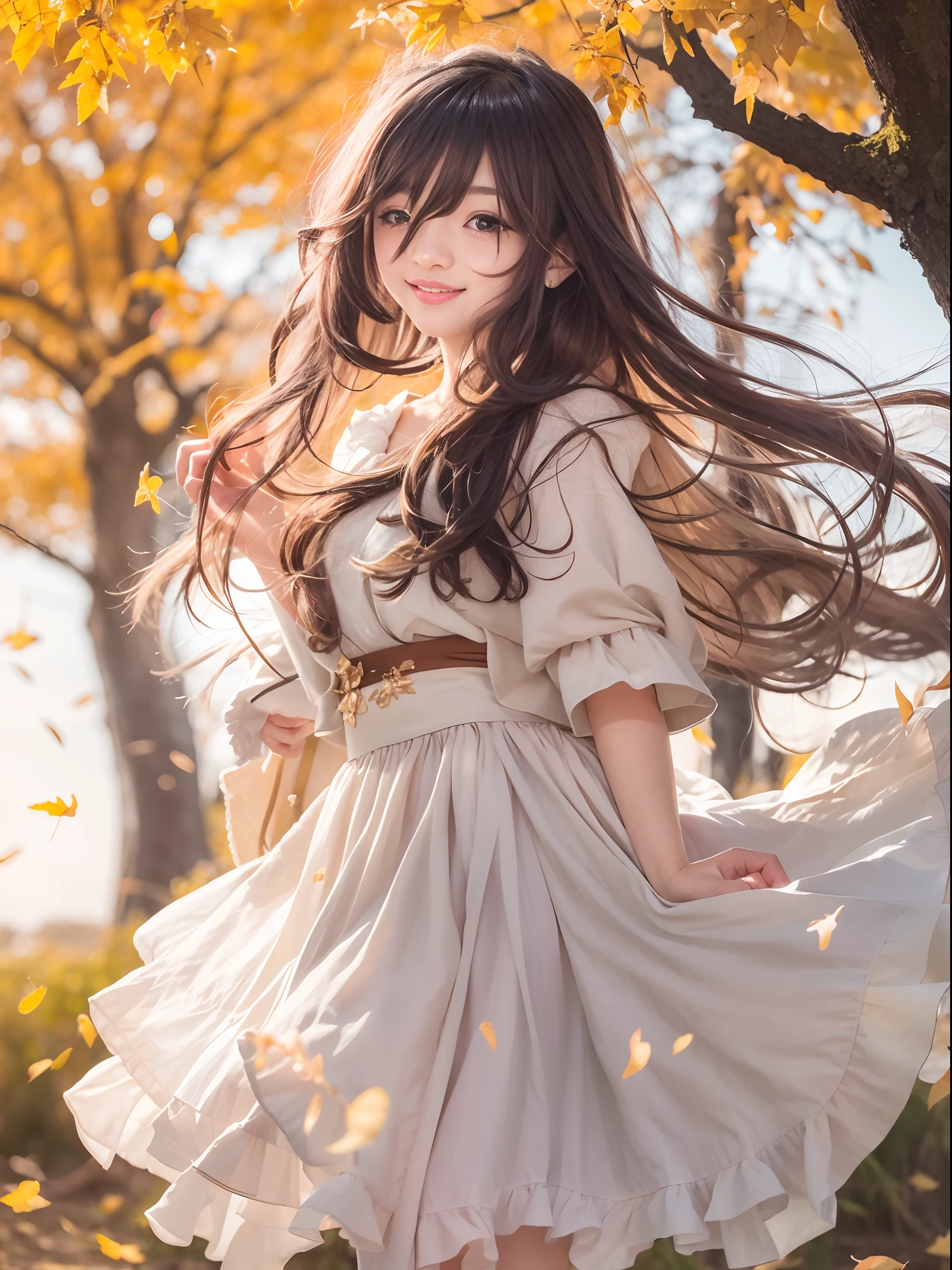 Hill of autumn leaves,Pretty girl,Evening glow,Long skirt with yellow and brown ruffles、A smile、Black Long Hair、Black eyes、White blouse,Skirt is wind、Watching the sunset,face lights、full body Esbian