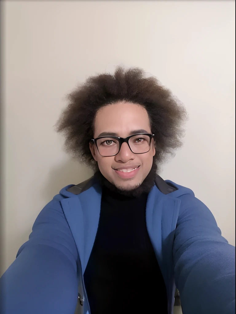 estilo arte conceitual, retro-futuro e neon, Smiling androgynous person with afro hair, light brown skin and glasses taking selfie in front of a pale wall, um homem negro de pele clara com longos cabelos cacheados, foto de perfil headshot, halfbody headshot, foto headshot, com afro, imagem do avatar, afro encaracolado, Fotografia selfie 8k, sem barba, Typical cryptocurrency nerd, imagem profissional, staring directly at camera, foto de perfil profissional, retrato de personagem de mim