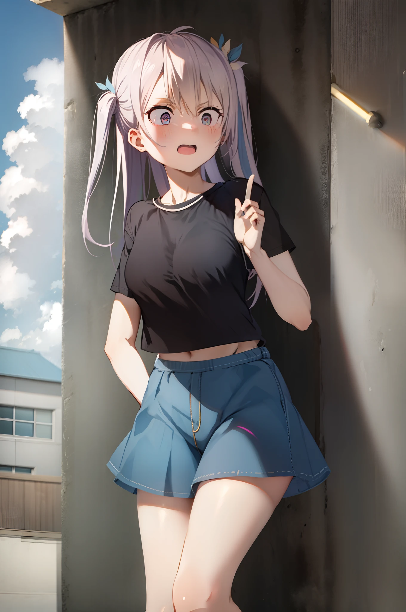 1girl, casual clothes, t-shirt, skirt, twintails, long hair, short sleeves, standing, pointing, outdoors