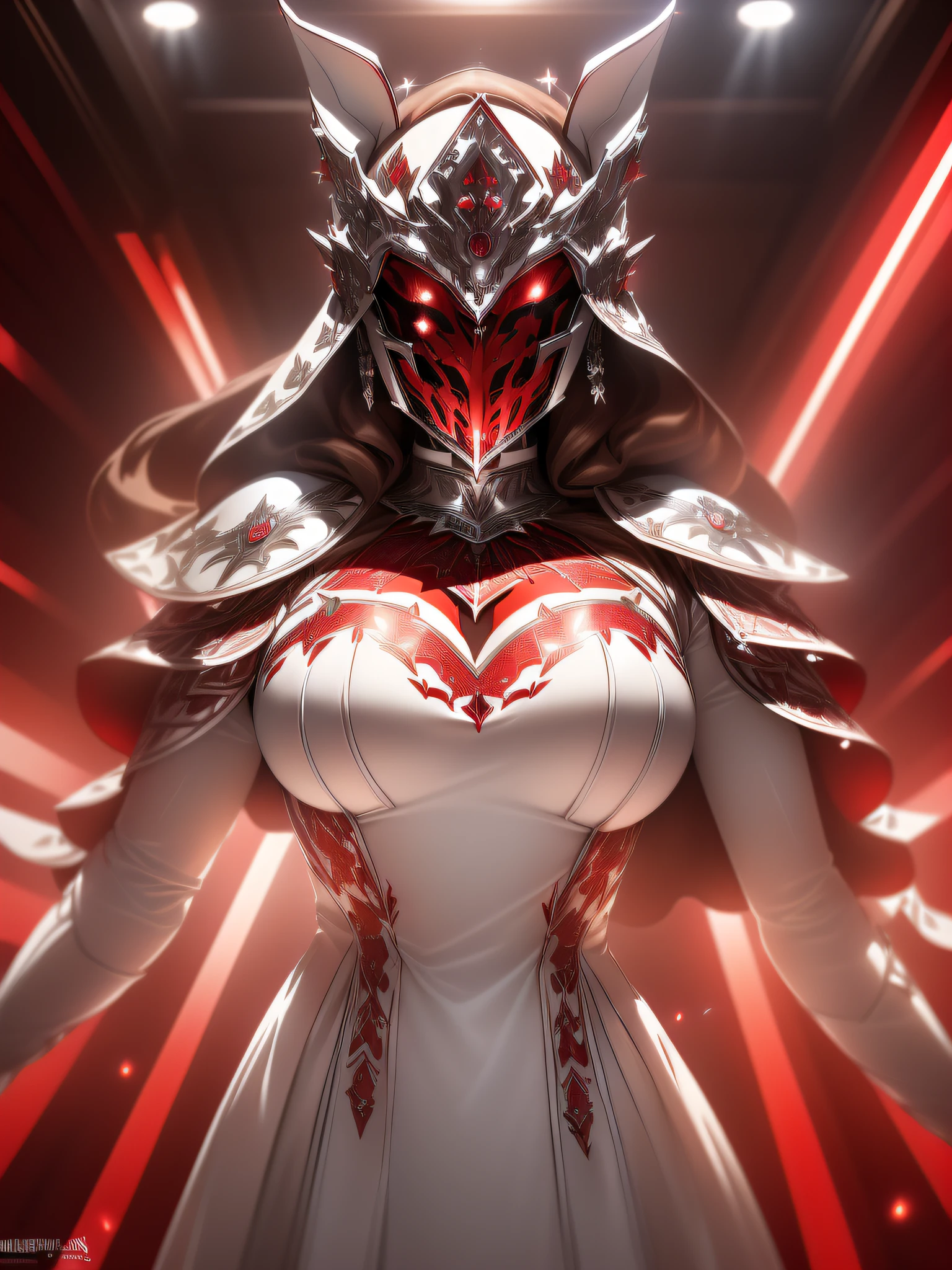 (((masterpiece, best quality, absurdres, highly detailed, intricate details, high resolution, realistic, 3d))), 1girl, female, solo, front view, ((full body)), (((tits))), (((big tits))), covered tits, (((big covered chest))), (((mid angle:1.3, chest level shot:1.7))), (((white helmet with silver patterned elements))), gorgeous, (((white royal dress:1.3))), extremely opulent, (((face is covered by closed symmetric knight's mask made out of patterned hyperdetailed silver elements))), ((small silver bunny ears on top front of helmet)), silver patterned earrings, high quality, ((brown hair)), hair peeking out on the sides of the helmet, opera, xianxia, atmospheric, superiority, awe, (((red light, dark, red rim lighting, dimly lit, low key, reflections on metal, glare, optical flares, chromatic abberation:1.4, red sparks, red light rays, shiny, red glow, emitting))), ((elden ring aesthetic, cloak behind the back))