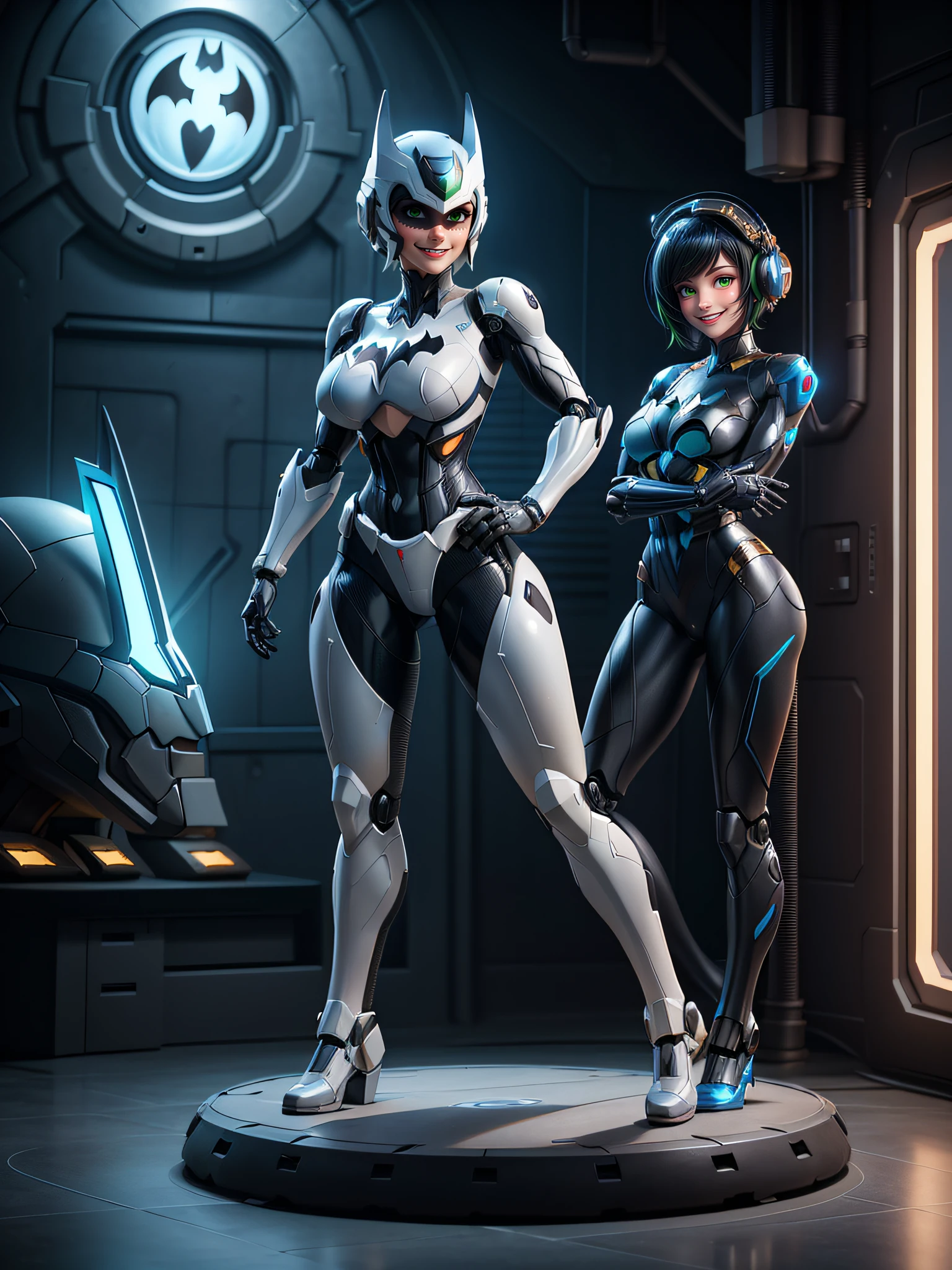 A woman, wearing mecha suit + robotic suit + Batman costume, white costume with black parts with lights attached, ((gigantic breasts)), blue hair, mohawk hair, short hair, hair with bangs in front of the eyes, ((helmet on the head)), looking at the viewer, (((pose with interaction and leaning on [something|an object])), in a ship with computers, machines, teleportation, luminous pipes, window, ((full body):1.5), 16k, UHD, best possible quality, ultra detailed, best possible resolution, Unreal Engine 5, professional photography, ((super metroid + batman)) + ((robotic body)), ((well-detailed fingers)), ((well-detailed hand)), perfect_hands,