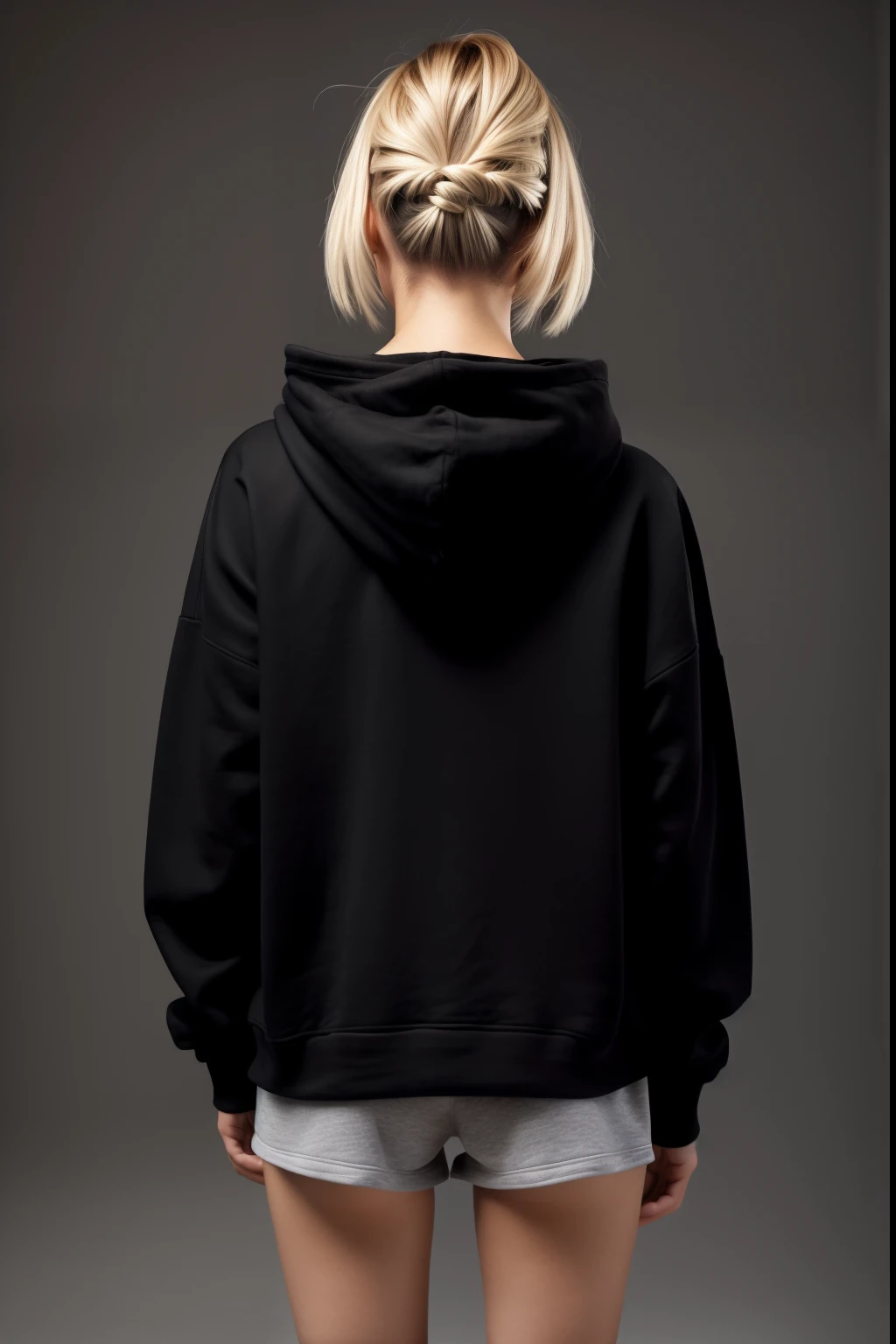 a blonde girl of 250 years old, with a bob bob hairstyle in a black hoodie, standing with her back to the camera, in a black hoodie, in a black hoodie, A black hoodie, A girl in a hoodie, a black hoodie, A photo of a woman in the field of clothing, In an oversize hoodie, Wearing a black hoodie, In a hoodie, Rear view, Black clothing, long-range blow from the back, back - view, white background white background around