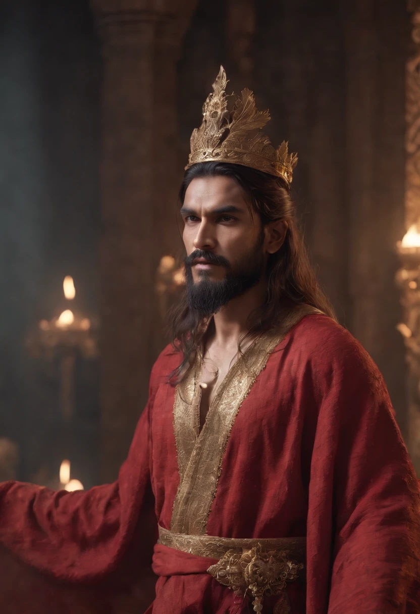 An Indian Mughal king of moderate stature, perhaps five foot seven inches in height, strongly built, neither too slight nor too stout, broad-chested, narrow-waisted, and long-armed(Professional 3D rendering:1.3) by (Realistic:1.3) World's most beautiful art picture, Features soft, dark complexation male heroes, ((Epic hero fantasy rough muscular man wet hero angry look long hair long beard and fierce expression in dynamic pose, wearing a red robe, inside a kings chamber, burning lights in the background, majestic environment)), full body 8k unit render, action shot, skin pores, very dark lighting, heavy shading, detailed, Detailed face, (vibrant, photorealistic, Realistic , Dramatic, Dark, sharp focus, 8k), (red and golden cloths with heavy jewelry r:1.4), (intricate:1.4), decayed, (highly detailed:1.4), painting digital, rendering by octane, art stations, Concept-Art, smooth, sharp focus, illustration, germ of art, (Loish:0.23), Wlop Ilya Kuvshinov, and Greg Rutkowski and Alphonse Mucha Gracias, (global illumination, studiolight, Light Volumetric ), heavy rain, floating particles, scoundrel, fantasy, Eleven, full bodyesbian, ((Dark old city background:1.3)),CGSesociedade,art stations