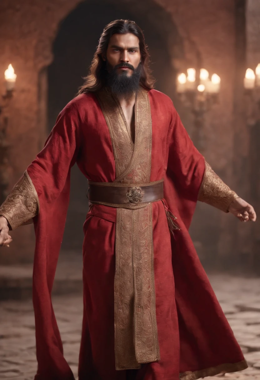An Indian Mughal king of moderate stature, perhaps five foot seven inches in height, strongly built, neither too slight nor too stout, broad-chested, narrow-waisted, and long-armed(Professional 3D rendering:1.3) by (Realistic:1.3) World's most beautiful art picture, Features soft, dark complexation male heroes, ((Epic hero fantasy rough muscular man wet hero angry look long hair long beard and fierce expression in dynamic pose, wearing a red robe, inside a kings chamber, burning lights in the background, majestic environment)), full body 8k unit render, action shot, skin pores, very dark lighting, heavy shading, detailed, Detailed face, (vibrant, photorealistic, Realistic , Dramatic, Dark, sharp focus, 8k), (red and golden cloths with heavy jewelry r:1.4), (intricate:1.4), decayed, (highly detailed:1.4), painting digital, rendering by octane, art stations, Concept-Art, smooth, sharp focus, illustration, germ of art, (Loish:0.23), Wlop Ilya Kuvshinov, and Greg Rutkowski and Alphonse Mucha Gracias, (global illumination, studiolight, Light Volumetric ), heavy rain, floating particles, scoundrel, fantasy, Eleven, full bodyesbian, ((Dark old city background:1.3)),CGSesociedade,art stations