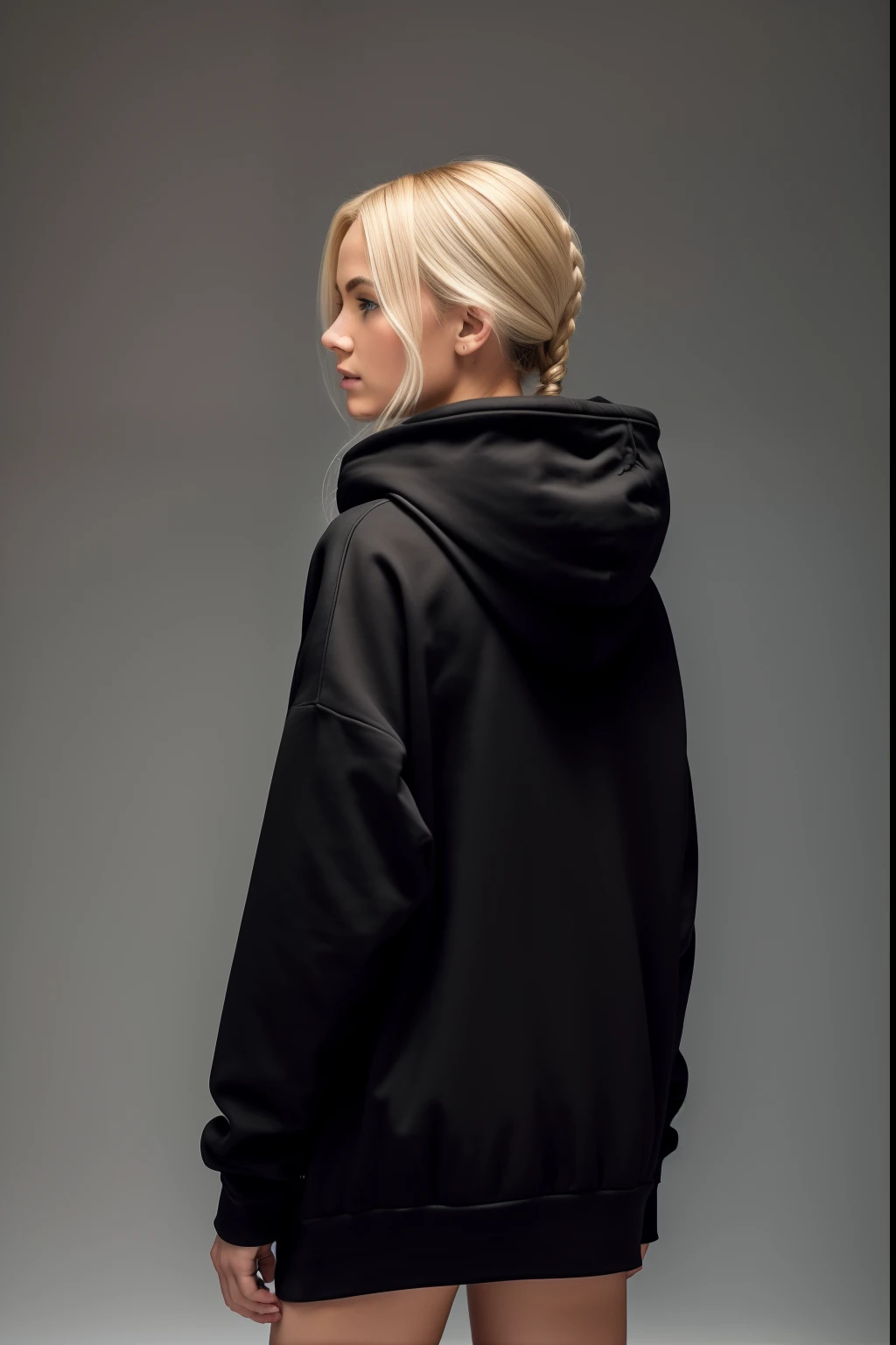 a blonde girl of 250 years old, with a bob bob hairstyle in a black hoodie, standing with her back to the camera, in a black hoodie, in a black hoodie, A black hoodie, A girl in a hoodie, a black hoodie, A photo of a woman in the field of clothing, In an oversize hoodie, Wearing a black hoodie, In a hoodie, Rear view, Black clothing, long-range blow from the back, back - view, white background white background around