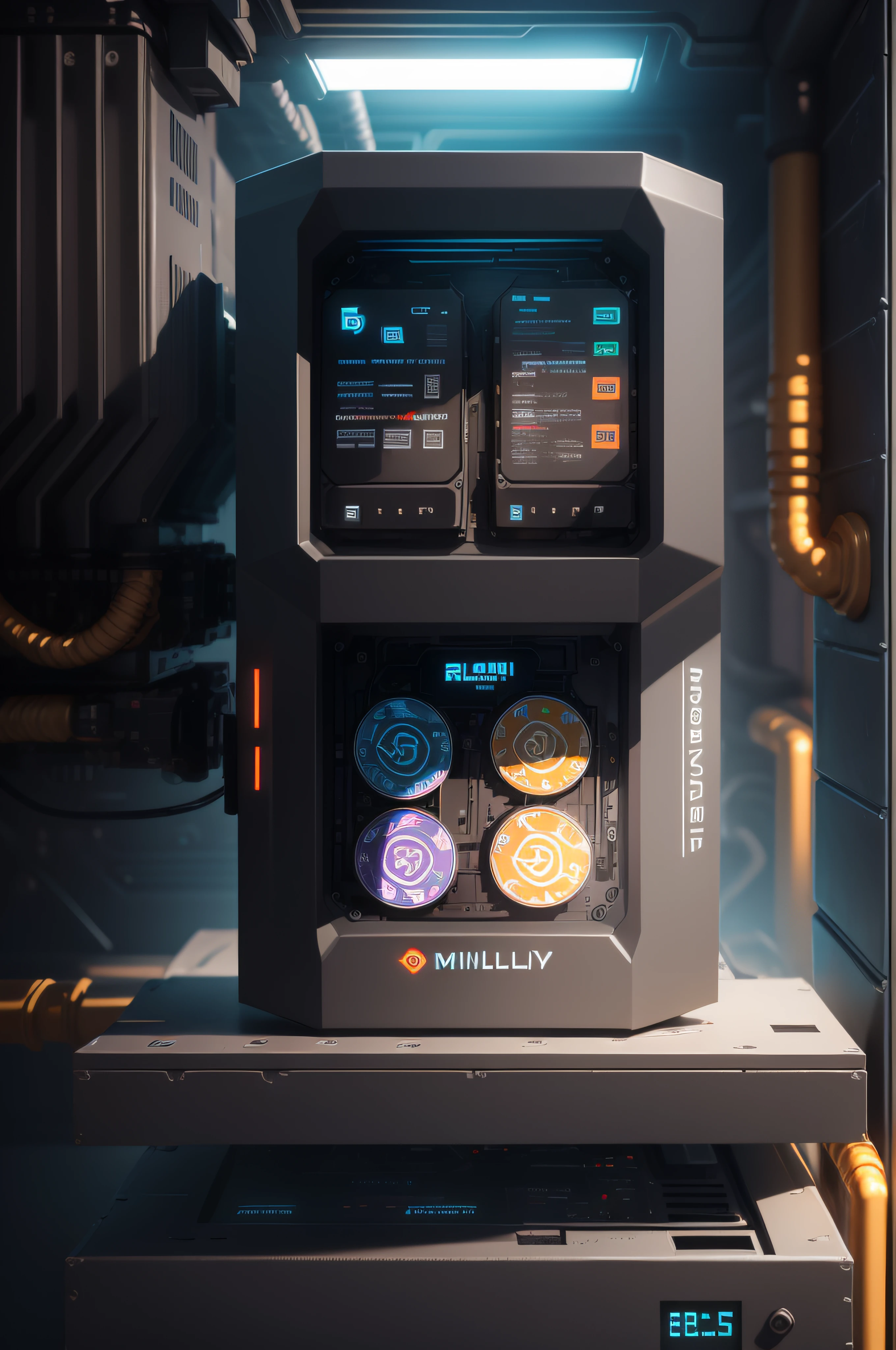 Modern and super powerful mini cryptocurrency mining machine 58 pixel image size*25 pxl cryptocurrency miner pixel size 58*25 futuristic mining machines with Rollercoin pixel art logo