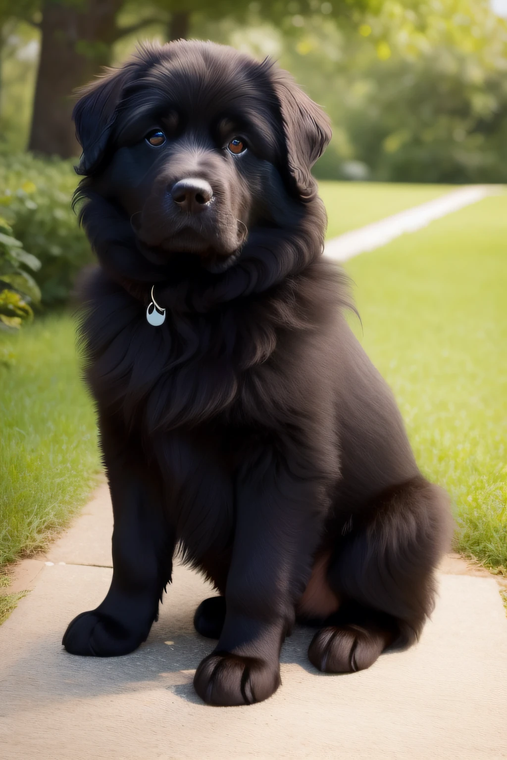 beautiful Newfoundland dog puppy is depicted on an oil canvas, cada pincelada cuidadosamente trazada revela su belleza y encanto. Su suave, Shiny coat blends into warm, Tonos vibrantes, like the gold of the sun that caresses his back and the dark brown that adorns his ears and eyes.. The puppy's gaze radiates joy and tenderness, reflejando la lealtad y el amor incondicional que nos dan nuestras mascotas. Meticulous details highlight his wet and playful nose, its small but strong legs, Listo para explorar el mundo con entusiasmo. In this oil painting, Se captura la esencia de la nobleza canina, Conveying the happiness and deep connection we share with our faithful companions