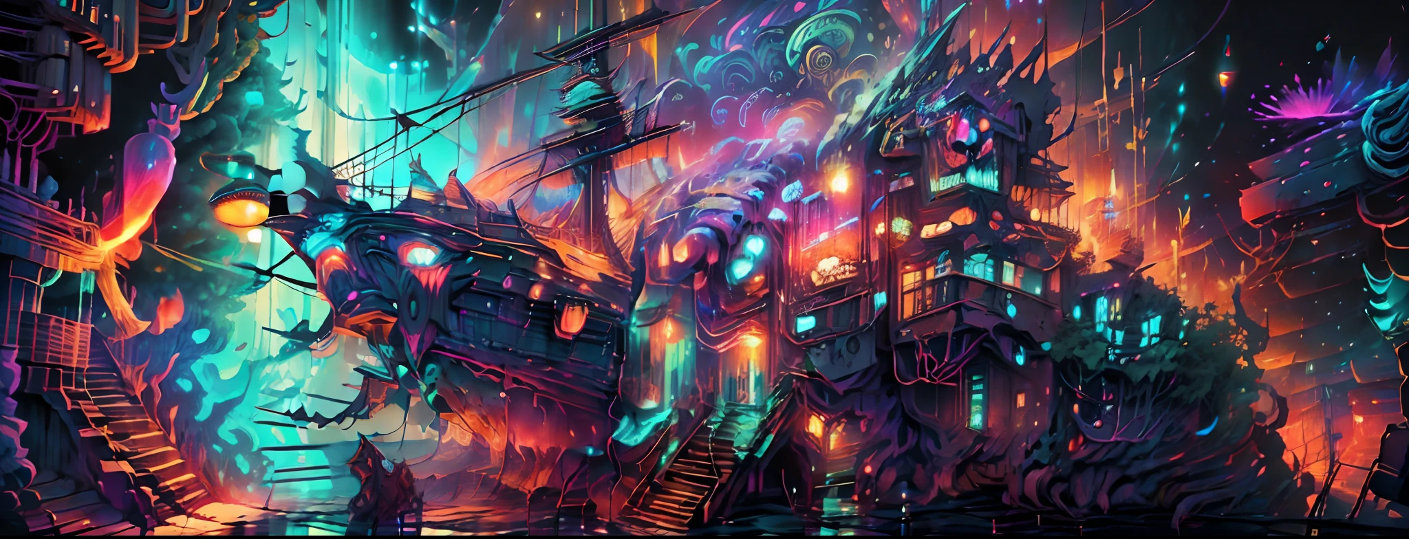 Under the cover of night, let the black light reveal a hidden world of enchantment and wonder. The weathered male pirate stands amidst a sea of pirate wenches, their arms entwined, as vivid 3D images come alive with psychedelic colors. The tavern and ships in the background transform into a mesmerizing spectacle, pulsating with vibrant hues that dance and swirl. Let yer brushstroke unleash the magic of this nocturnal scene, where reality and imagination intertwine. Set yer camera to capture this masterpiece in the best quality, 4k, high-res, and let the black light reveal the extraordinary beauty of this pirate's dream, me matey!