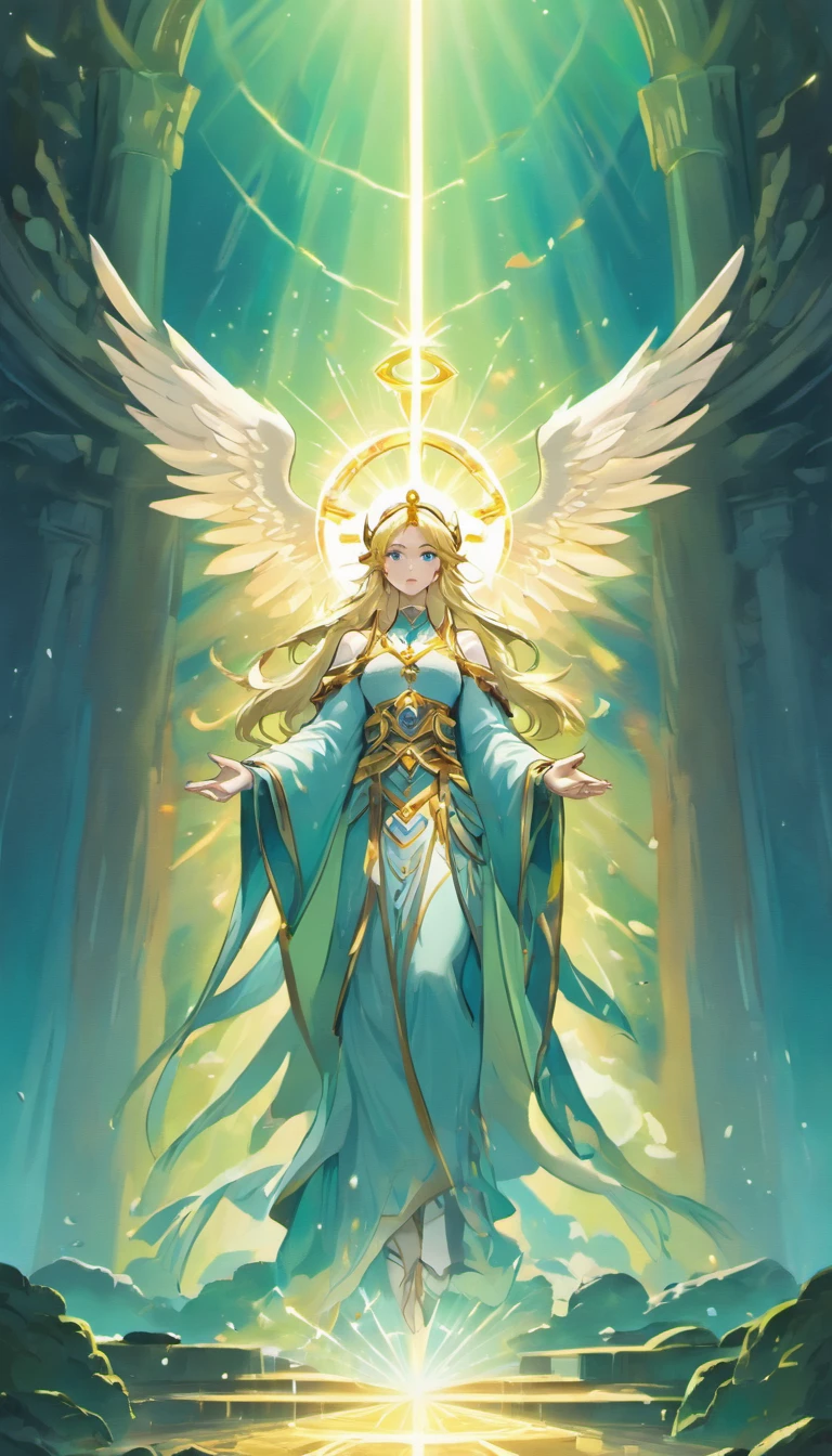 (best quality,4k,8k,highres,masterpiece:1.2), ultra-detailed, (realistic,photorealistic,photo-realistic:1.37), god, with white long hair, beard, fair skin, dressed in a white coat with armor, blue eyes and stern expression, heavenly aura, majestic and powerful, surrounded by rays of light, standing on a grand marble pedestal, overlooking the world, holding a golden scepter, with intricate engravings and glowing gemstones, divine symbols floating around, a halo of light illuminating the surroundings, dramatic shadows and highlights, vibrant colors with a celestial glow, a sense of awe and wonder, ethereal atmosphere, breathtaking landscape in the background, with lush green valleys and cascading waterfalls, a clear blue sky with fluffy white clouds, beams of sunlight streaming through the trees, a flock of doves soaring overhead, symbolizing peace and harmony, a divine presence that brings tranquility and hope to the world.