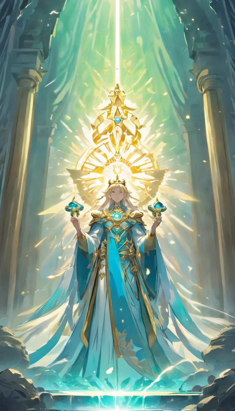 (best quality,4k,8k,highres,masterpiece:1.2), ultra-detailed, (realistic,photorealistic,photo-realistic:1.37), god, with white long hair, beard, fair skin, dressed in a white coat with armor, blue eyes and stern expression, heavenly aura, majestic and powerful, surrounded by rays of light, standing on a grand marble pedestal, overlooking the world, holding a golden scepter, with intricate engravings and glowing gemstones, divine symbols floating around, a halo of light illuminating the surroundings, dramatic shadows and highlights, vibrant colors with a celestial glow, a sense of awe and wonder, ethereal atmosphere, breathtaking landscape in the background, with lush green valleys and cascading waterfalls, a clear blue sky with fluffy white clouds, beams of sunlight streaming through the trees, a flock of doves soaring overhead, symbolizing peace and harmony, a divine presence that brings tranquility and hope to the world.