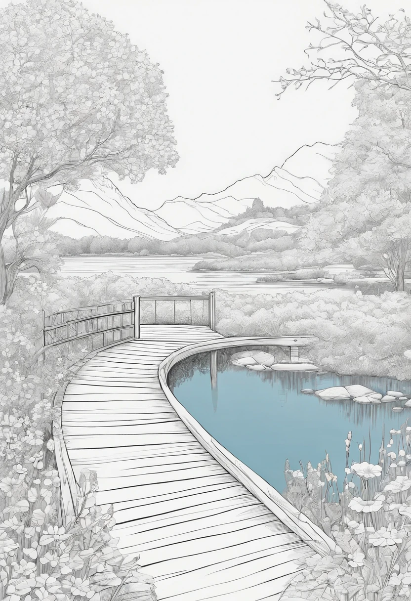 A stunning white ink drawing coloring page of a fenced path in the foreground with flowers in the middleground and a wide lake with light flora in the distant background , white Ink drawing white hair, extremely adorable, charming detail, monochrome, pure black and white, crisp drawing line, the highest quality adult coloring book style, modern anime style, ink drawing vector crisp lines, the ultra clean and bold lines found in cutest cartoon styles on [Michael Whelan]