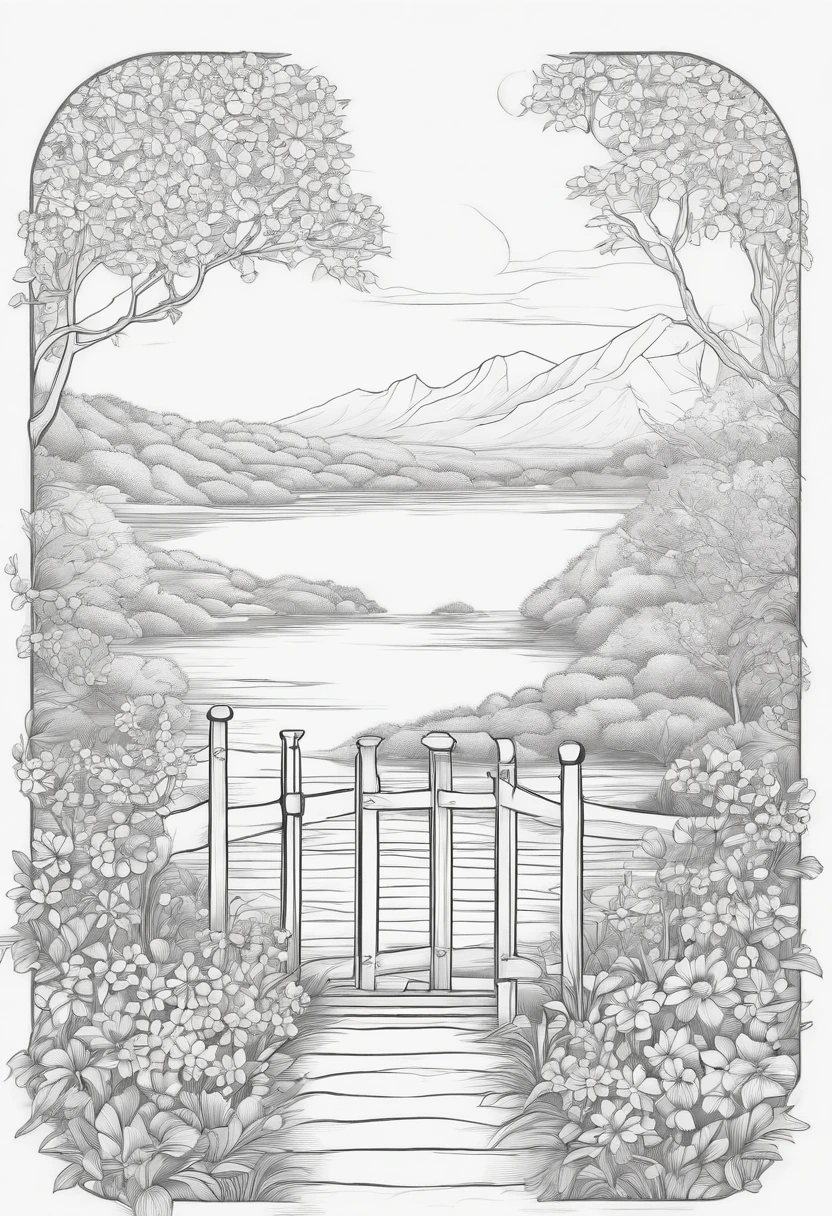 A stunning white ink drawing coloring page of a fenced path in the foreground with flowers in the middleground and a wide lake with light flora in the distant background , white Ink drawing white hair, extremely adorable, charming detail, monochrome, pure black and white, crisp drawing line, the highest quality adult coloring book style, modern anime style, ink drawing vector crisp lines, the ultra clean and bold lines found in cutest cartoon styles on [Michael Whelan]