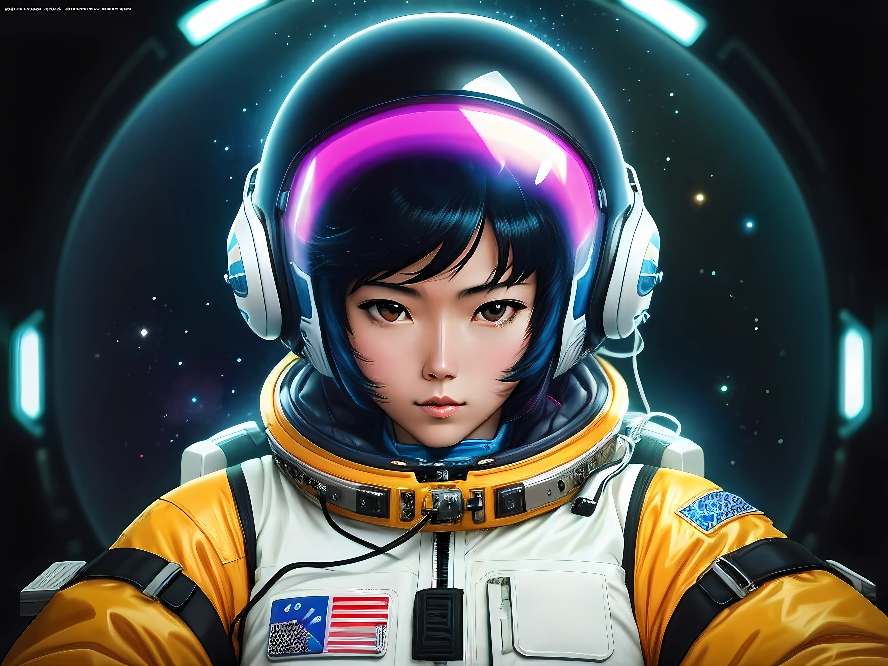 a close up of a person in a space suit with a helmet on, leiji matsumoto, kastuhiro otomo, in the anime ghost in the shell, style of macross, macross, from akira ( 1 9 8 8 ) style, sci-fi anime, clothed in space suit, cyber space cowboy, 80s anime ova style, 4k, super detailed, colorful, cinematic, galaxy background