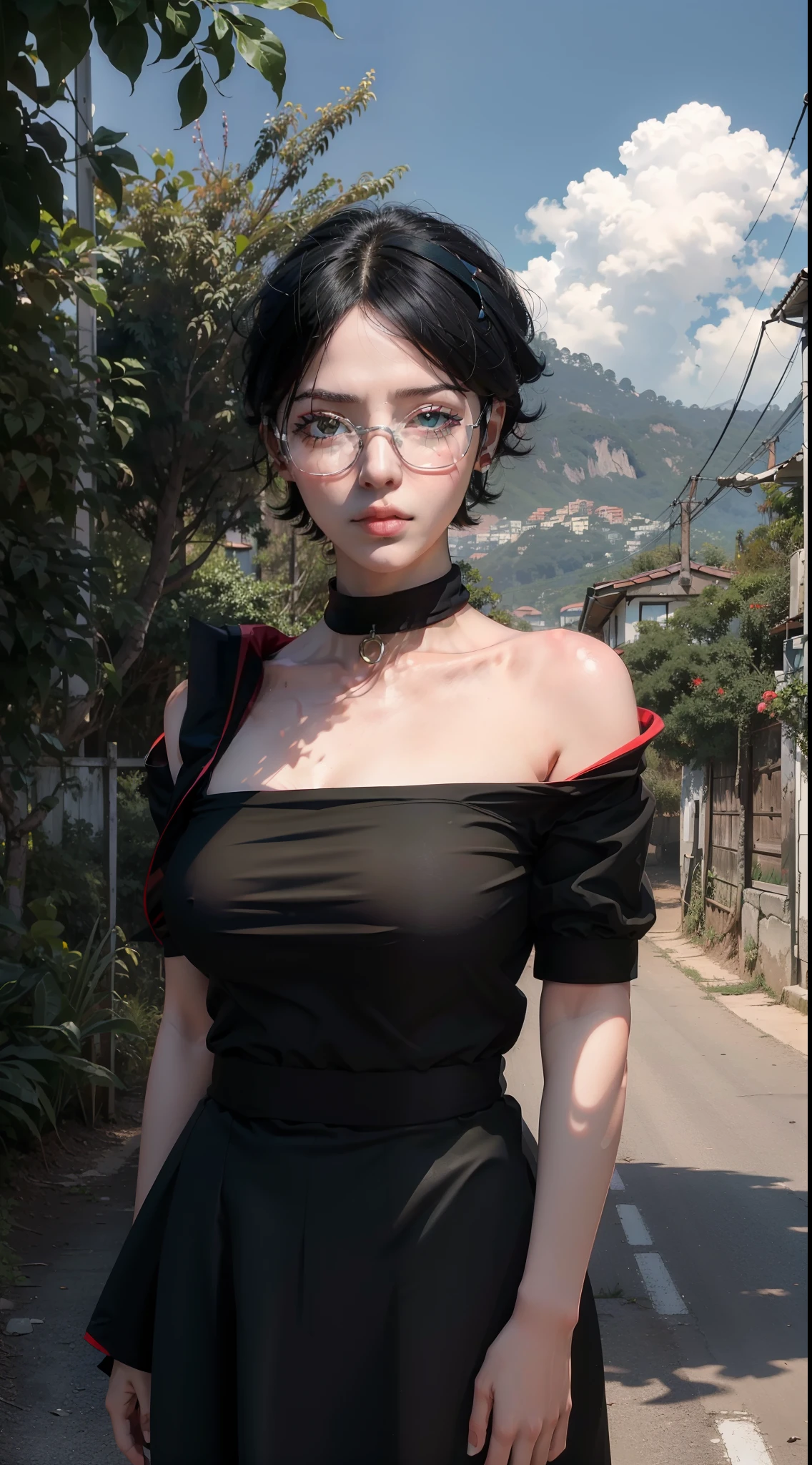 (8k,fotorrealista:1.37),Sarada Uchiha, first version, classical,belos olhos sharingan, detalhados, long eyeslashes,rosto perfeito,cabelo mais escuro com franja, Compartilhamento,transparent lens glasses,Leaf symbol headband,corpo inteiro,postura confiante,Vila da folha ao fundo,green trees,Blue sky with clouds,vivid colors,foco nítido.