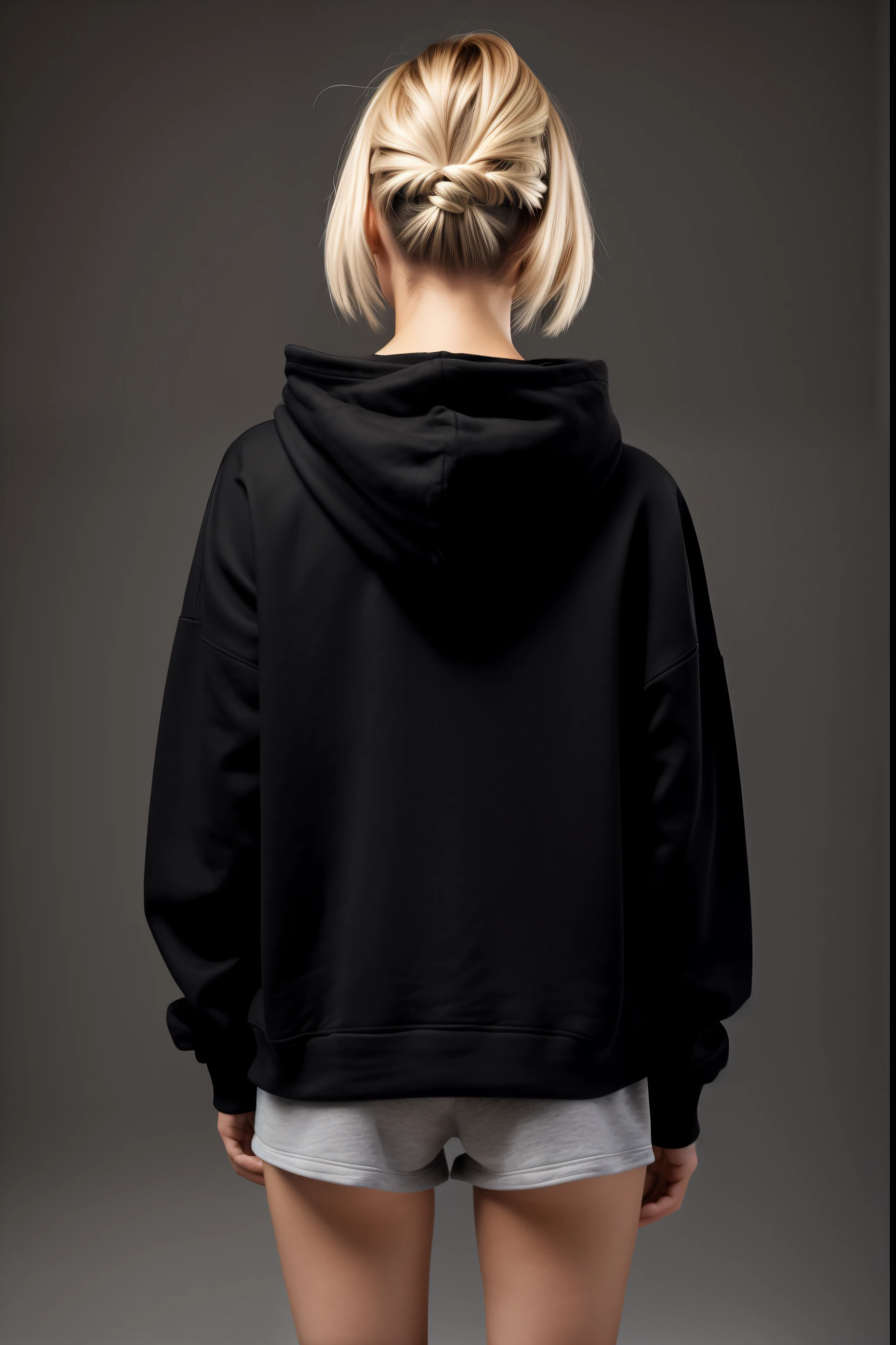a blonde girl of 250 years old, with a bob bob hairstyle in a black hoodie, standing with her back to the camera, in a black hoodie, in a black hoodie, A black hoodie, A girl in a hoodie, a black hoodie, A photo of a woman in the field of clothing, In an oversize hoodie, Wearing a black hoodie, In a hoodie, Rear view, Black clothing, long-range blow from the back, back - view, white background white background around