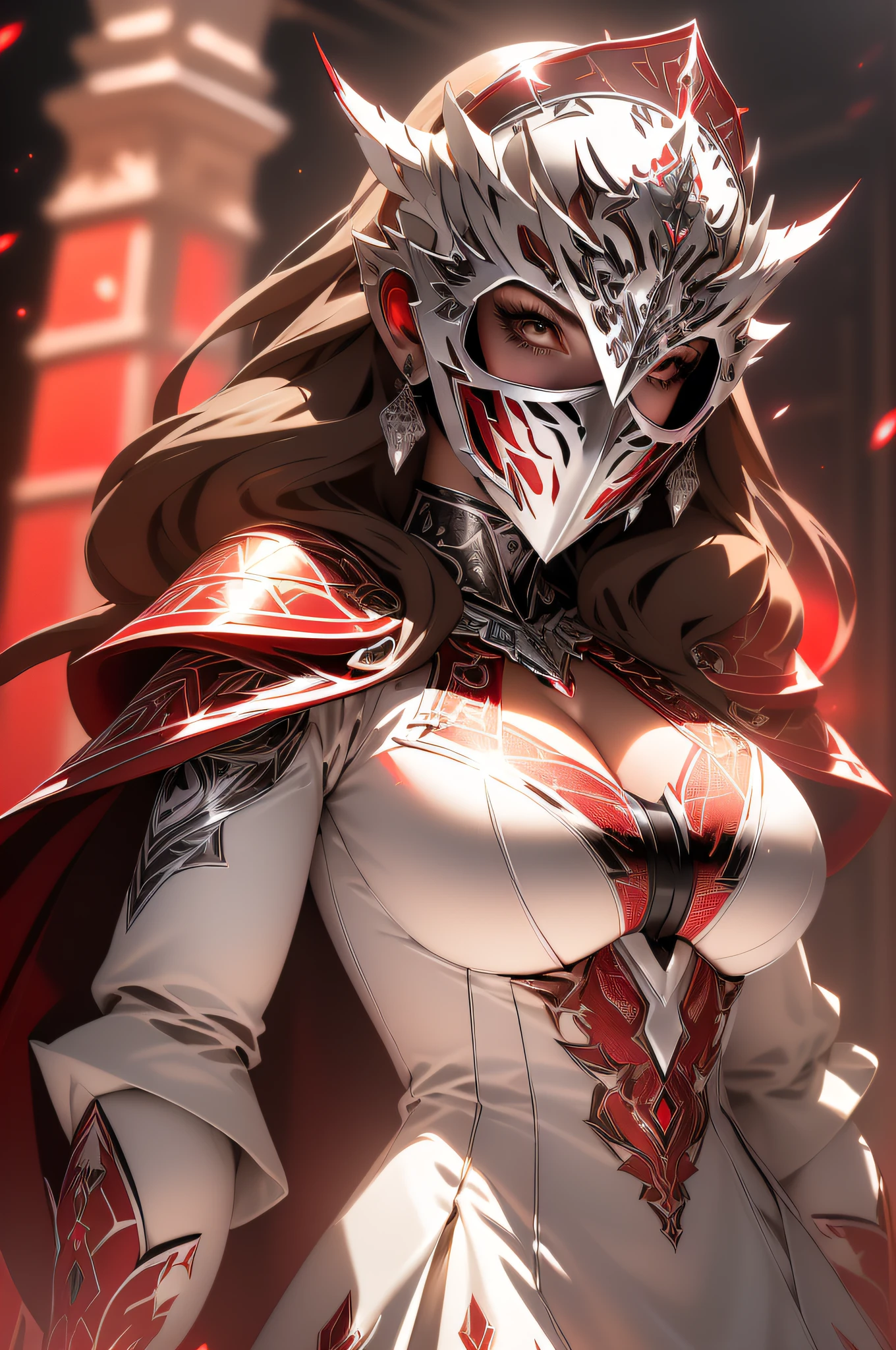 (((masterpiece, best quality, absurdres, highly detailed, intricate details, high resolution, realistic, 3d))), 1girl, female, solo, front view, ((full body)), (((tits))), (((big tits))), covered tits, (((big covered chest))), (((mid angle:1.3, chest level shot:1.7))), (((white helmet with silver patterned elements))), gorgeous, (((white royal dress:1.3))), extremely opulent, (((face is covered by closed symmetric knight's mask made out of patterned hyperdetailed silver elements))), ((small silver bunny ears on top front of helmet)), silver patterned earrings, high quality, ((brown hair)), hair peeking out on the sides of the helmet, opera, xianxia, atmospheric, superiority, awe, (((red light, dark, red rim lighting, dimly lit, low key, reflections on metal, glare, optical flares, chromatic abberation:1.4, red sparks, red light rays, shiny, red glow, emitting))), ((elden ring aesthetic, cloak behind the back))