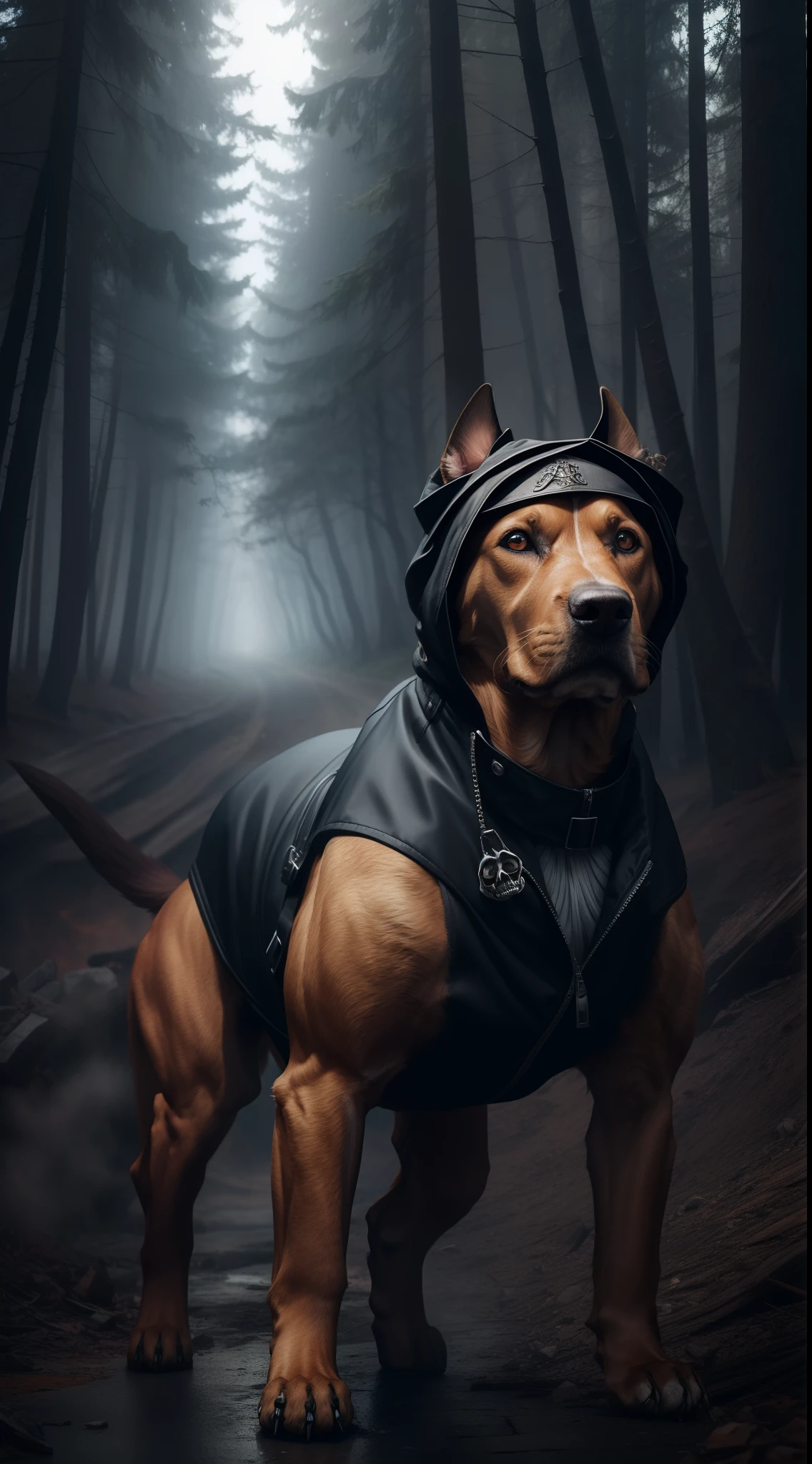 Background change Hell imagination fire, A Skulton with Jacket Hood Full Screen with Dog, Skulton Have a Dreamy Necklus, Skulton Looks into camera, Skulton one Hand is on the head of dog, 8k, high quality, dreamy photo, illustration, illusion,