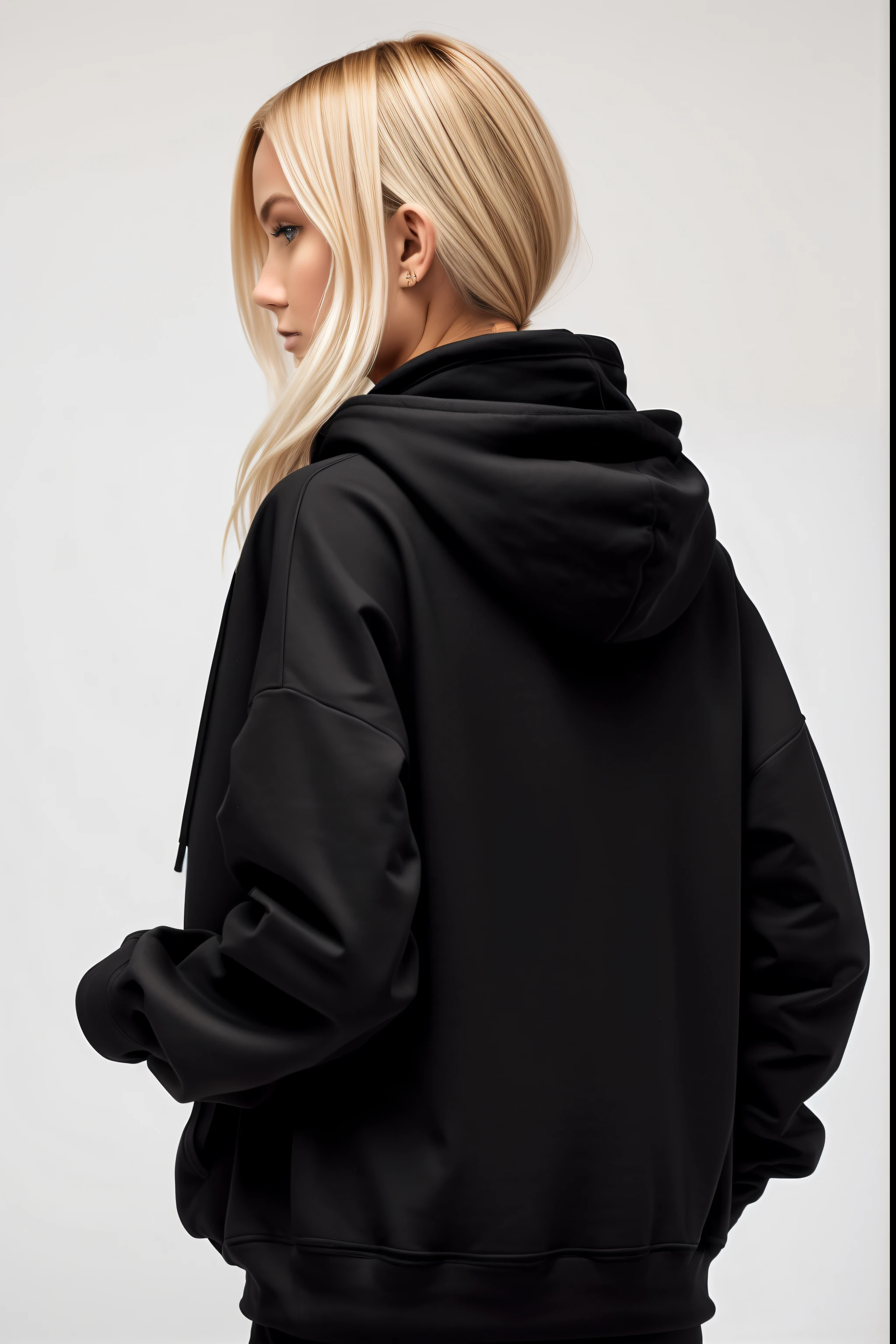 blonde girl 25 years old, with bob bob hairstyle in a black hoodie, standing with her back to the camera, in a black hoodie, in a black hoodie, Black hoodie, A girl in a hoodie, a black hoodie, A photo of a woman in the field of clothing, In an oversize hoodie, Wearing a black hoodie hooded, hooded sweatshirt, rear view, black clothing, long-range blow from the back, back - view, white background white background around