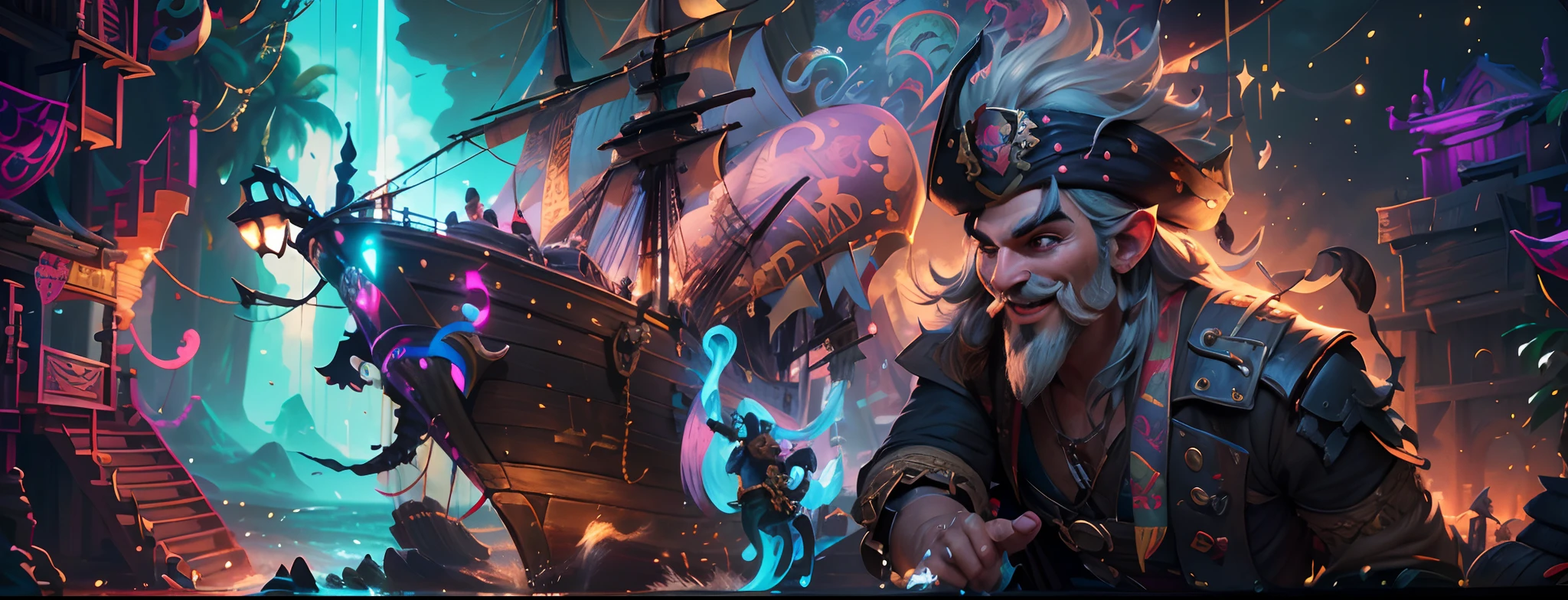 joyful pirate, happiness, detailed smiling eyes, expressive lips, pirate hat, pirate flag, wooden ship, golden treasure chest, flowing waves, sunny sky, vibrant colors, dynamic composition, traditional painting style, oil painting texture, realistic lighting, high-quality details, ultra-detailed facial features, detailed beard and mustache, adventurous atmosphere, mischievous grin, roguish charm, playful expression, pirate crew in the background, exotic tropical island, coconut trees, parrots and monkeys, cheerful laughter, sparkling sea, sparkling gold coins, festive mood, dynamic brushstrokes, lively artistry, expert craftsmanship.