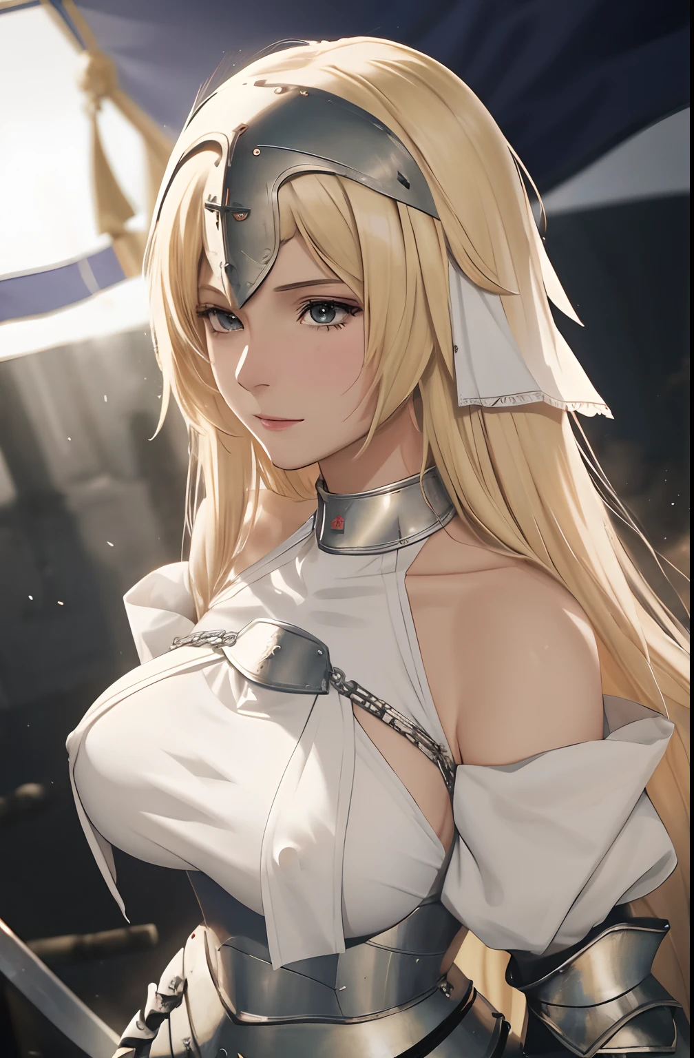 best quality, masterpiece,highly detailed,anime,1girl, adult face, mature face, mature female, mature woman, mature beauty, adult blonde, mature blonde,upper body,(jeanne d'arc),big breasts, large breasts, breast size 95cm, huge breasts, perfect face,blond hair,long hair,(white clothes),(bare shoulder),armored dress,no armor on breasts,breasts covered by white clothes from above,chain,headwear,flag,battlefield in background,depth of field,looking at viewer,cinematic lighting,