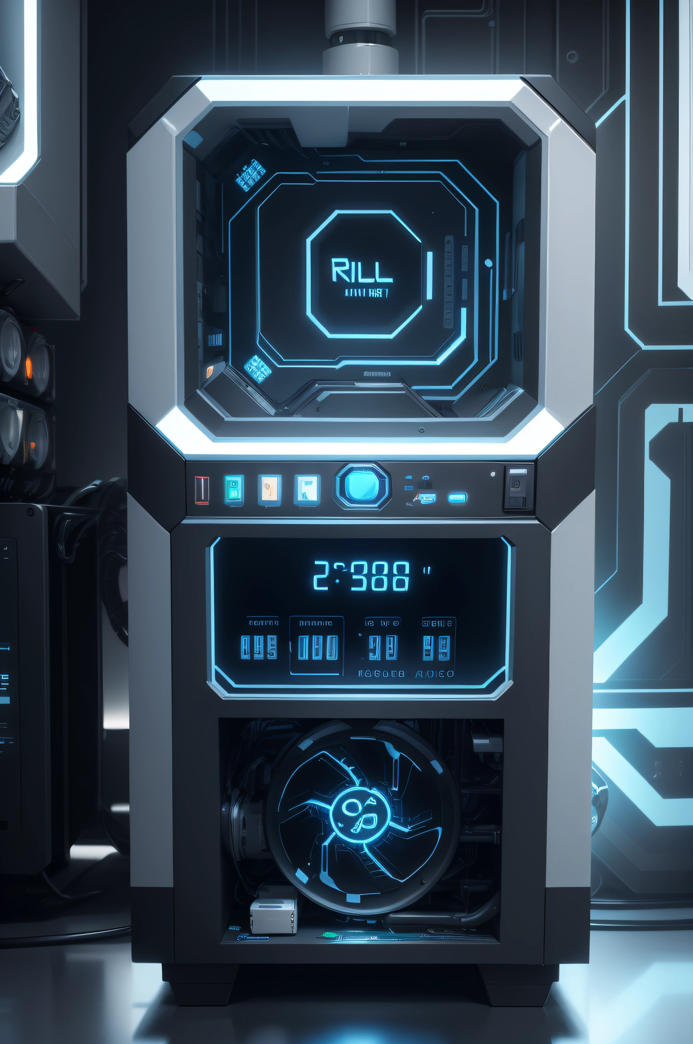 Modern and powerful mini cryptocurrency mining machine with futuristic digital indicators liquid cooler with fluorescent lighting 58 pixel image size*25 pxl cryptocurrency miner pixel size 58*25 Futuristic Mining Machines with Rollercoin's Pixel Art Rollercoin Cryptocurrency Logo