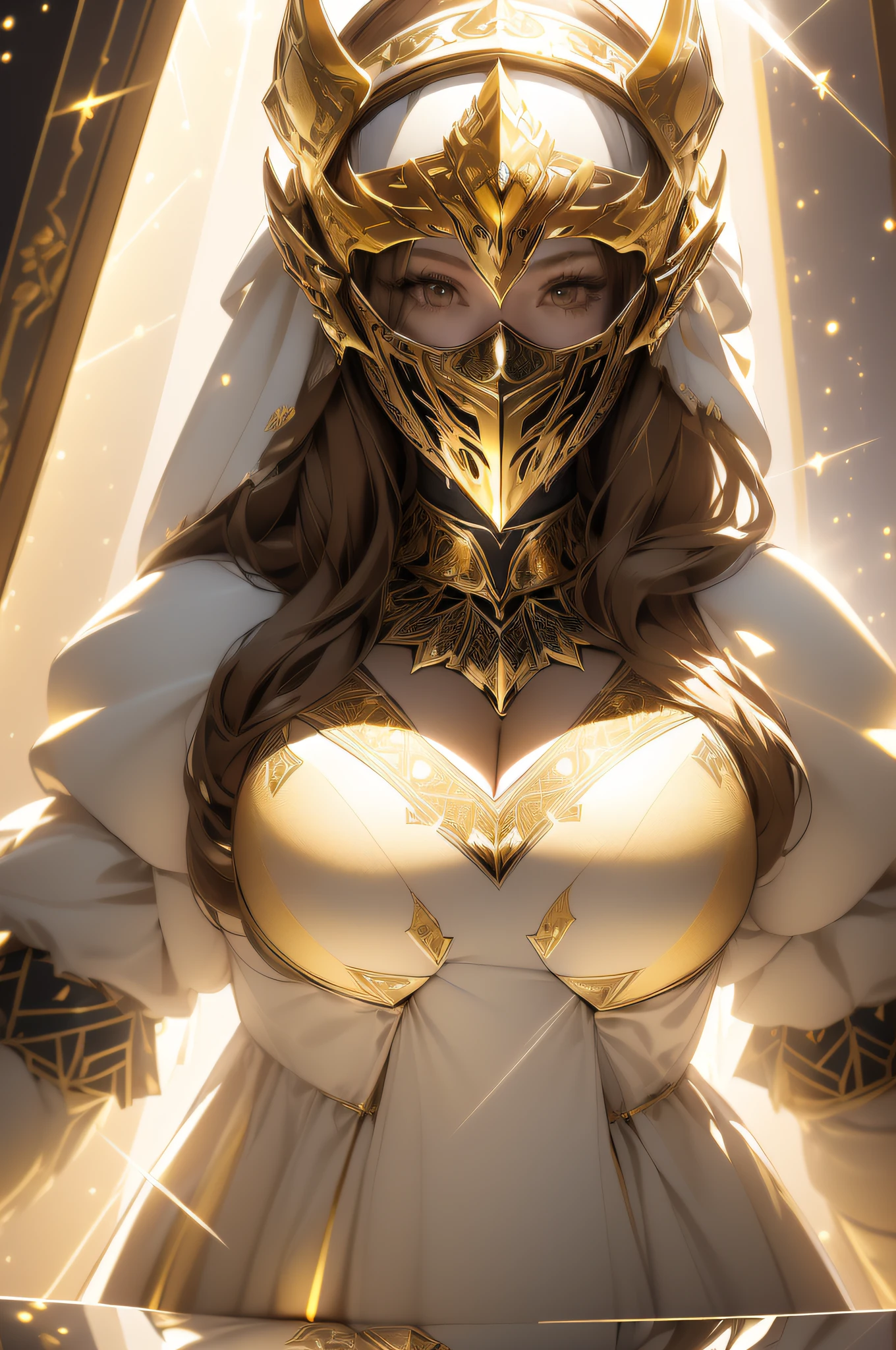 (((masterpiece, best quality, absurdres, highly detailed, intricate details, high resolution, realistic, 3d))), 1girl, female, solo, front view, full body, breasts, (((big covered breasts))), (((medium angle:1.3, chest level shot:1.7))), (((white helmet with golden patterned elements))), gorgeous, (((white royal dress:1.3))), extremely opulent, (((face is covered by closed symmetric knight's mask made out of patterned hyperdetailed golden elements))), ((small golden bunny ears on top front of helmet)), golden patterned earrings, high quality, ((brown hair)), hair peeking out on the sides of the helmet, opera, xianxia, atmospheric, superiority, awe, (((dark, rim lighting, two tone lighting, dimly lit, low key, reflections on metal, glare, optical flares, chromatic abberation, sparks, light rays))),