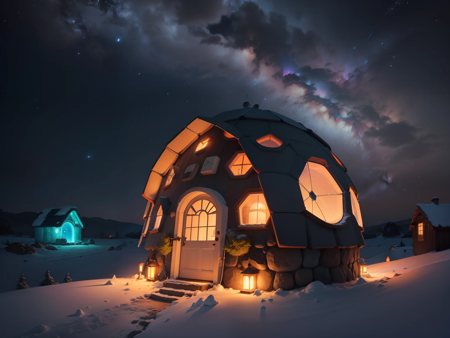 a magnificent colorful igloo with a chimney in the center of the roof, a door and two Windows and solar panels , uhd, hyperdetails, Milky Way, giant blue moon in the background, and shooting stars