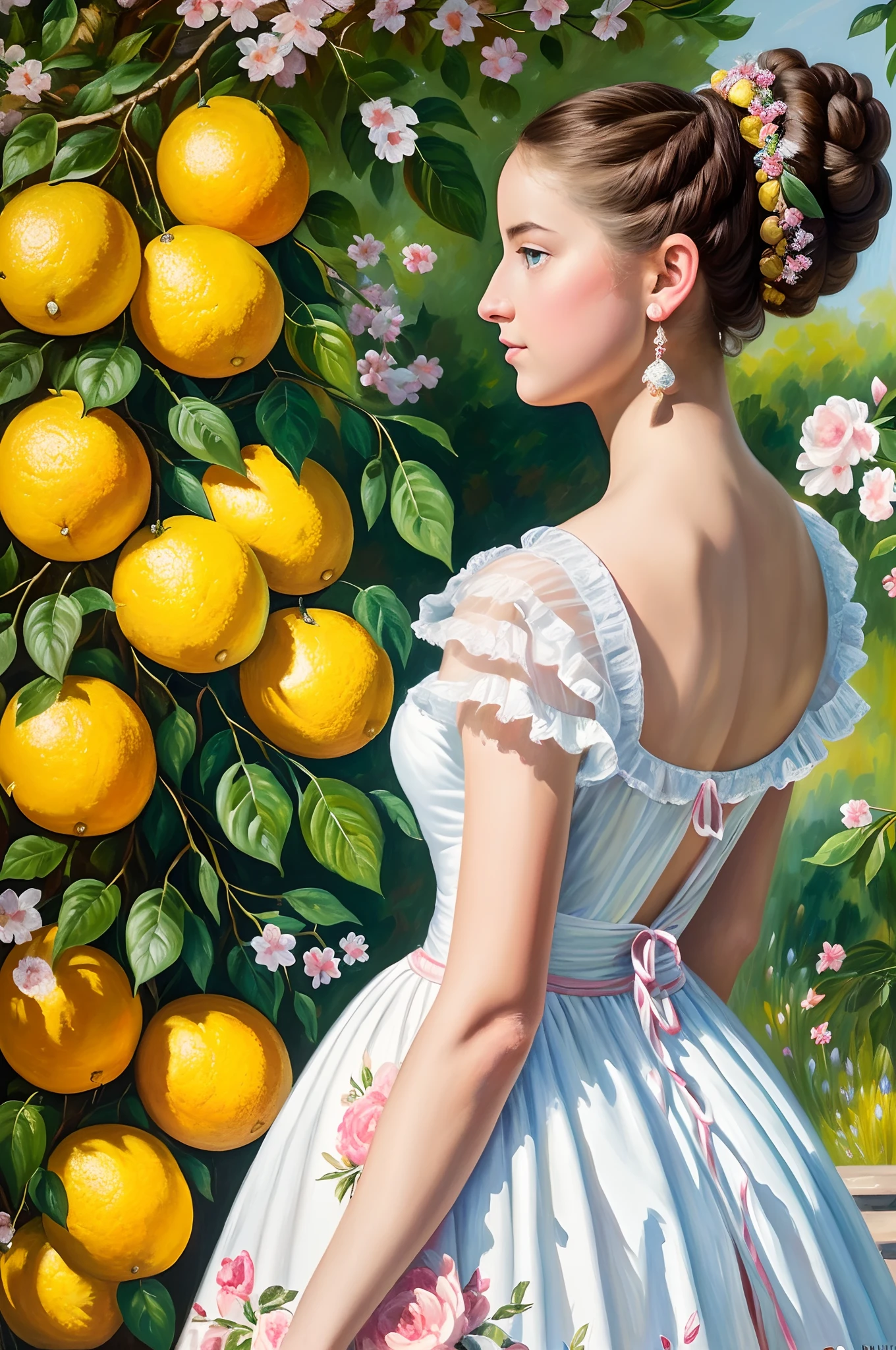 ((beste-Qualit)), ((tmasterpiece)), ((Realistic)), isabelmoner-smf, dora, Age of Enlightenment, rococo, hairstyle bun, Colorful, In the citrus garden, , Feminine Pose, (palette-knife-oil-painting), chintz, Strokes, (Perfect), Complicated details, Extremely detailed, Raw, HDR, ((in the style of Dan-Mumford)), 8K