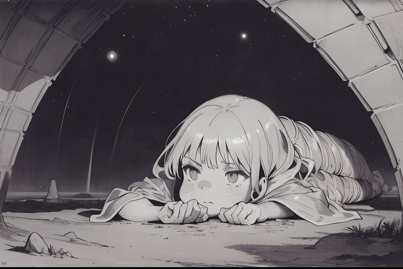 (superflat, flat shading, flat colors:1.1), 1girl, young teen, naked, lying in a desert, closeup face, anime, zdzislaw beksinski, jacek yerka, hr giger, kazimir malevich, cold, starry skies, cosmos, tribal, dark