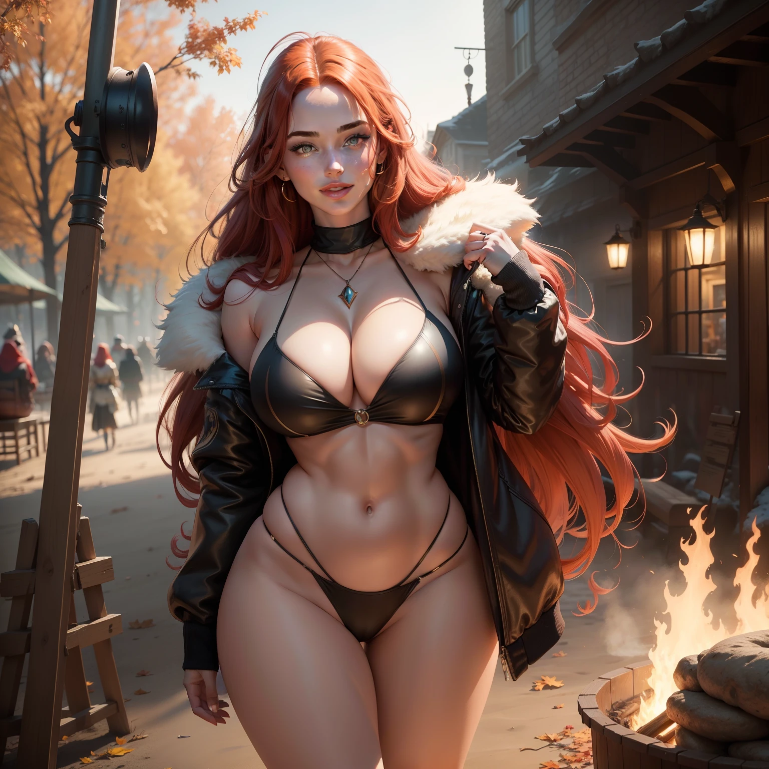 Beautiful woman, a witch, very curvy, athletic, long flowing red hair, perfect Irish face, perfect body, wearing a bikini under a puffy jacket draped on her arms off shoulder, autumn, tattoos, light smile, golden hour, colorful dynamic lighting, cinematic, photorealistic, masterpiece, at a big autumn bonfire party in the evening, incredible detail, jewelry, confident, fantasy setting, candid dynamic unassuming pose