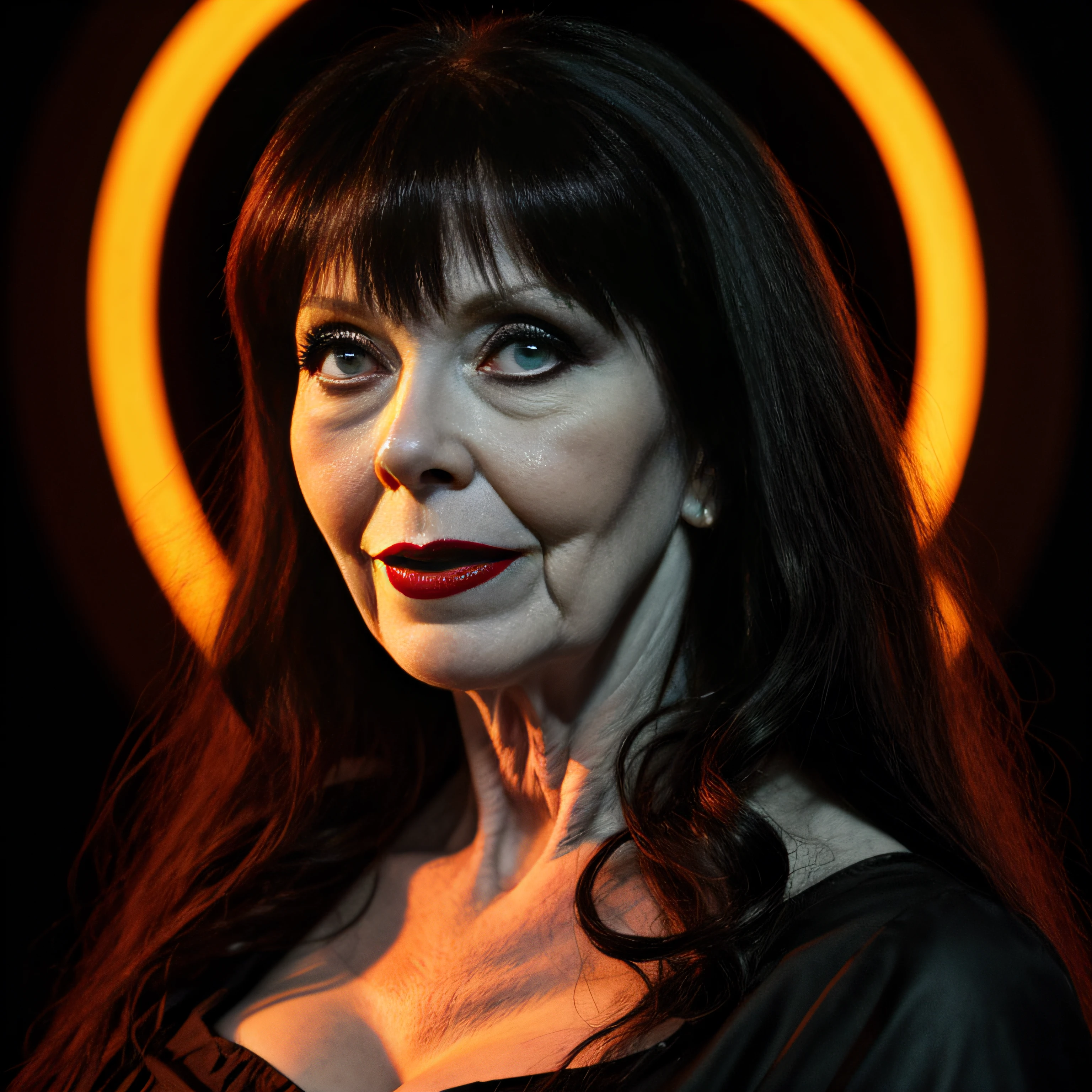 Cassandra Peterson as Elvira, a character in the film as Dracula, cabelo punk,dentes de vampiro, horror fixar olhos, background dancefloor, Noite de Ligh, a melhor qualidade, master part, high-resolution, 8k, imagem hiperrealista, profissional photo