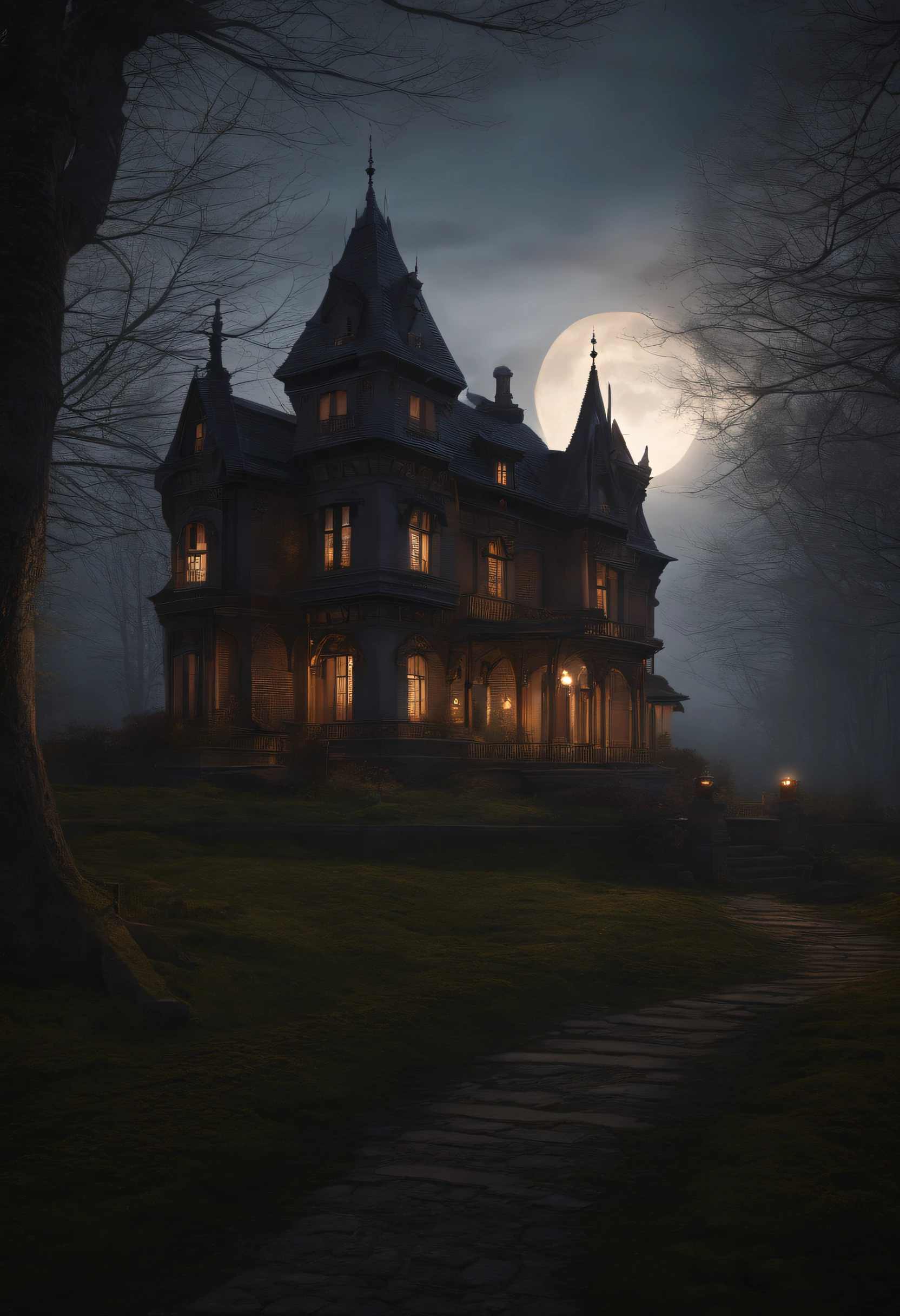 arafed house with a creepy roof and a creepy graveyard, spooky mansion, gothic mansion, haunted gothic hotel, background artwork, inspired by Andreas Rocha, ultra detailed haunted house, haunted house, eerie highly detailed, haunted house themed, victorian manor, victorian house, stefan koidl inspired, by Tomasz Jedruszek
