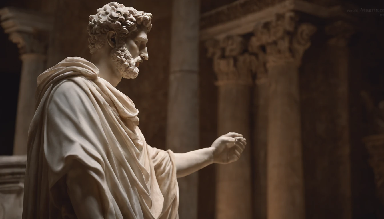 A carefully detailed realistic Greek white marble statue of Marcus Aurelius in a ghostly toga, Fondo oscuro, malhumorado, , fotorrealista, Atenta cena de cine, super detailed, hiperrealista, poca luz, 8k