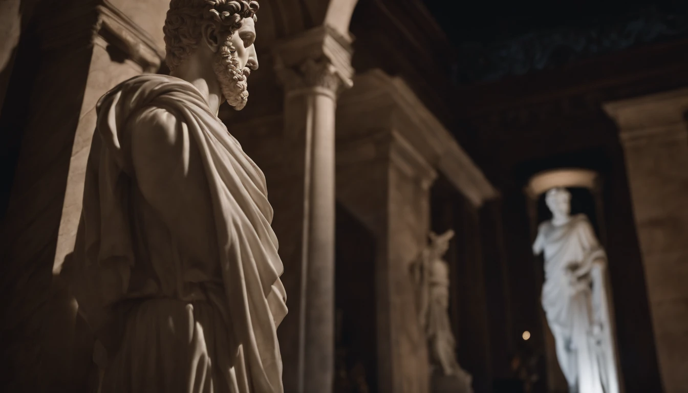 A carefully detailed realistic Greek white marble statue of Marcus Aurelius in a ghostly toga, Fondo oscuro, malhumorado, , fotorrealista, Atenta cena de cine, super detailed, hiperrealista, poca luz, 8k