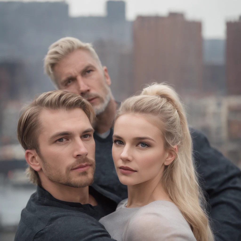 Book cover for dystopian novel. The city is being destroyed behind the couple, The two are armed and together in the face of chaos. She is blonde and has her hair in a ponytail, and she's shorter than him. He's tall, forte e com uma barba leve no rosto.