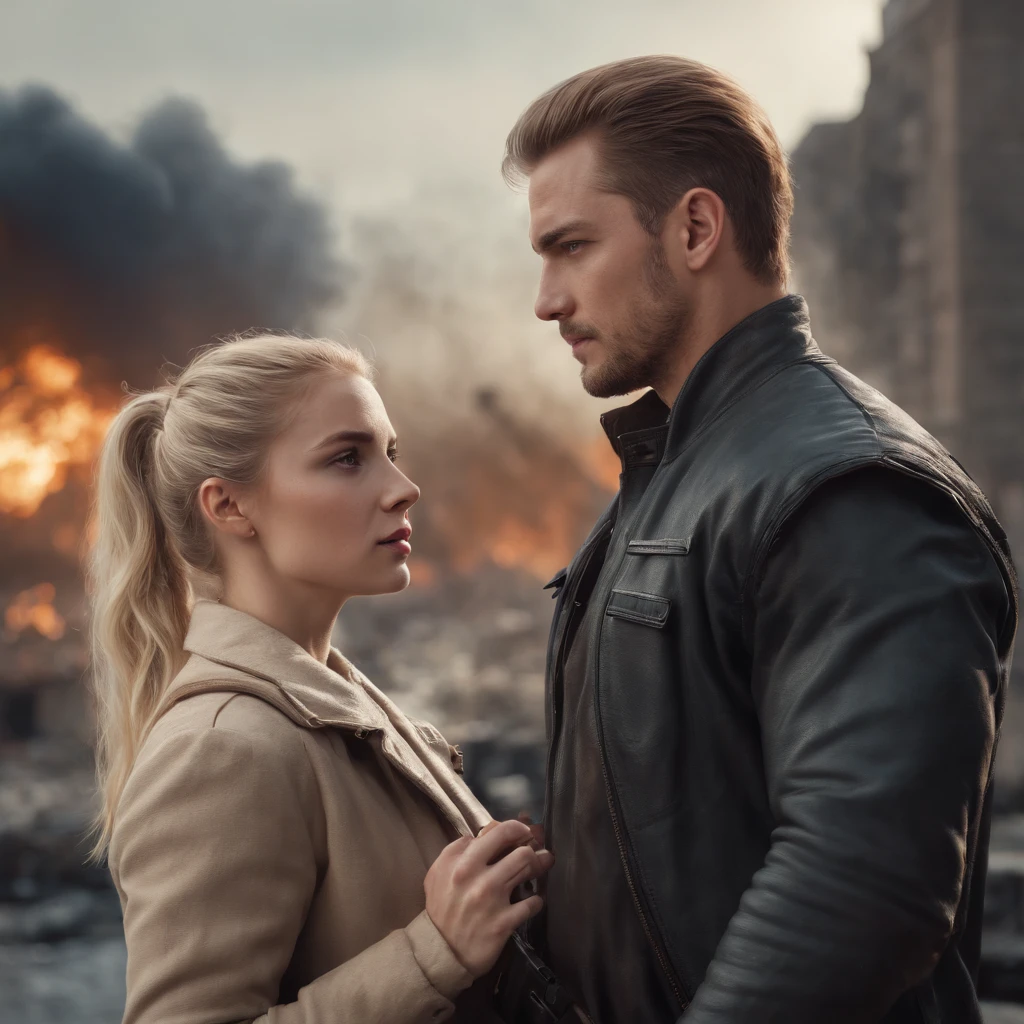 Book cover for dystopian novel. The city is being destroyed behind the couple, The two are armed and together in the face of chaos. She is blonde and has her hair in a ponytail, and she's shorter than him. He's tall, forte e com uma barba leve no rosto.