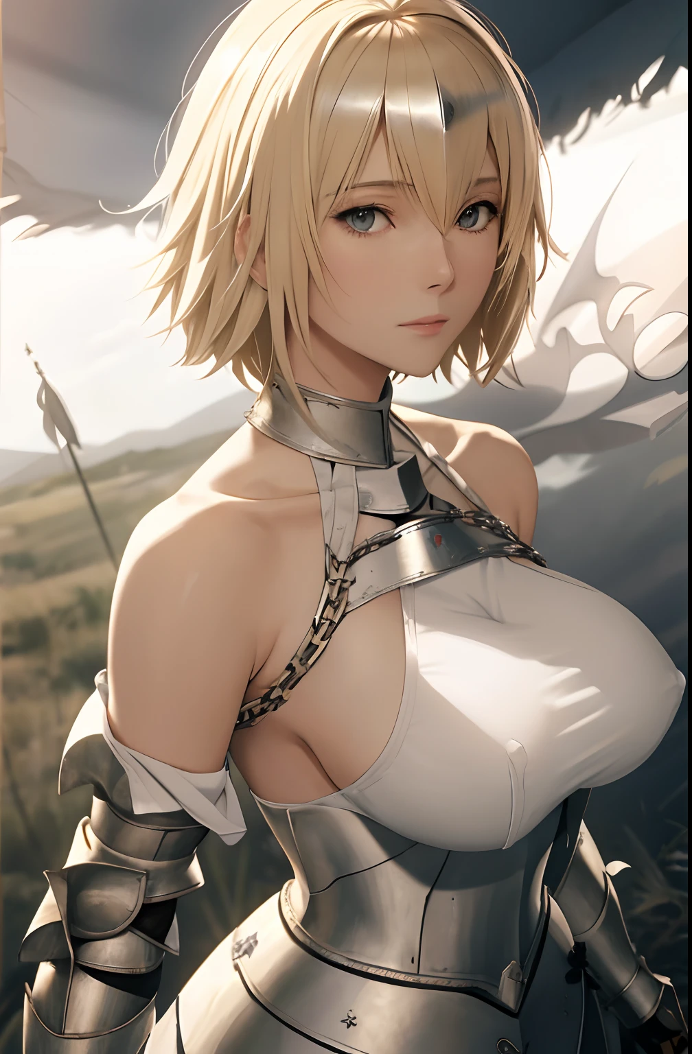 best quality, masterpiece,highly detailed,anime,1girl, adult face, mature face, mature female, mature woman, mature beauty, adult blonde, mature blonde,upper body,(jeanne d'arc),big breasts, large breasts, breast size 95cm, huge breasts, perfect face,blond hair,long hair,(white clothes),(bare shoulder),armored dress,no armor on breasts,breasts covered by white clothes from above,chain,headwear,flag,battlefield in background,depth of field,looking at viewer,cinematic lighting,