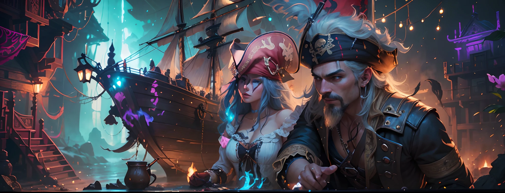 A beautiful pirate wench with detailed eyes and lips, wearing lingerie, is gracefully adorned with a tricorn hat. The picturesque scene captures the essence of a medium-quality portrait, oozing with realism and photorealistic details. The vibrant colors and vivid lighting bring the image to life, with studio lighting illuminating the fine textures and ultra-detailed elements. The artwork showcases the fusion of traditional painting techniques and the digital medium, resulting in a masterpiece that showcases the artist's skill and creativity. The overall color tone exudes a mysterious and alluring atmosphere, enhancing the pirate theme with a touch of elegance.