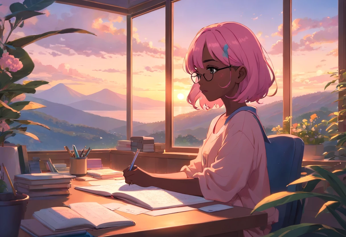 Lia a girl with pink hair, (dark skin), curly hair, studying in her peach pastel room, cozy study desk, glasses, large window overlooking beautiful nature scenery, (staring at the scenery), floral notebooks, (dark skin), (sunrise time), (dark skin)
