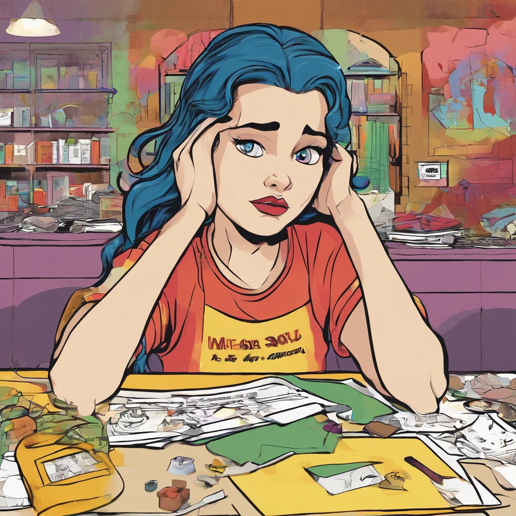 generate a highly detailed 3D image of a Disney-style girl, exuding a sense of sadness and melancholy. She should have been standing in the middle of a completely messed up room. The girl should have disheveled, dirty-looking hair, with strands falling in disarray over her face and shoulders. Your facial expression should convey deep sadness, with teary eyes and slightly trembling lips. Your clothes, while still reminiscent of a Disney princess's style, should look disheveled and neglected, with faded details and subtle tears. a pile of dirty clothes spread across the table. Carpet should be overturned with dirt spread across the floor, accentuating the feeling of disarray. Crumbs and stains on the floor should indicate a lack of cleanliness. Next to the girl, there must be a broom leaning against the table, as if someone had started to clean but abandoned the task in the middle. facial expression