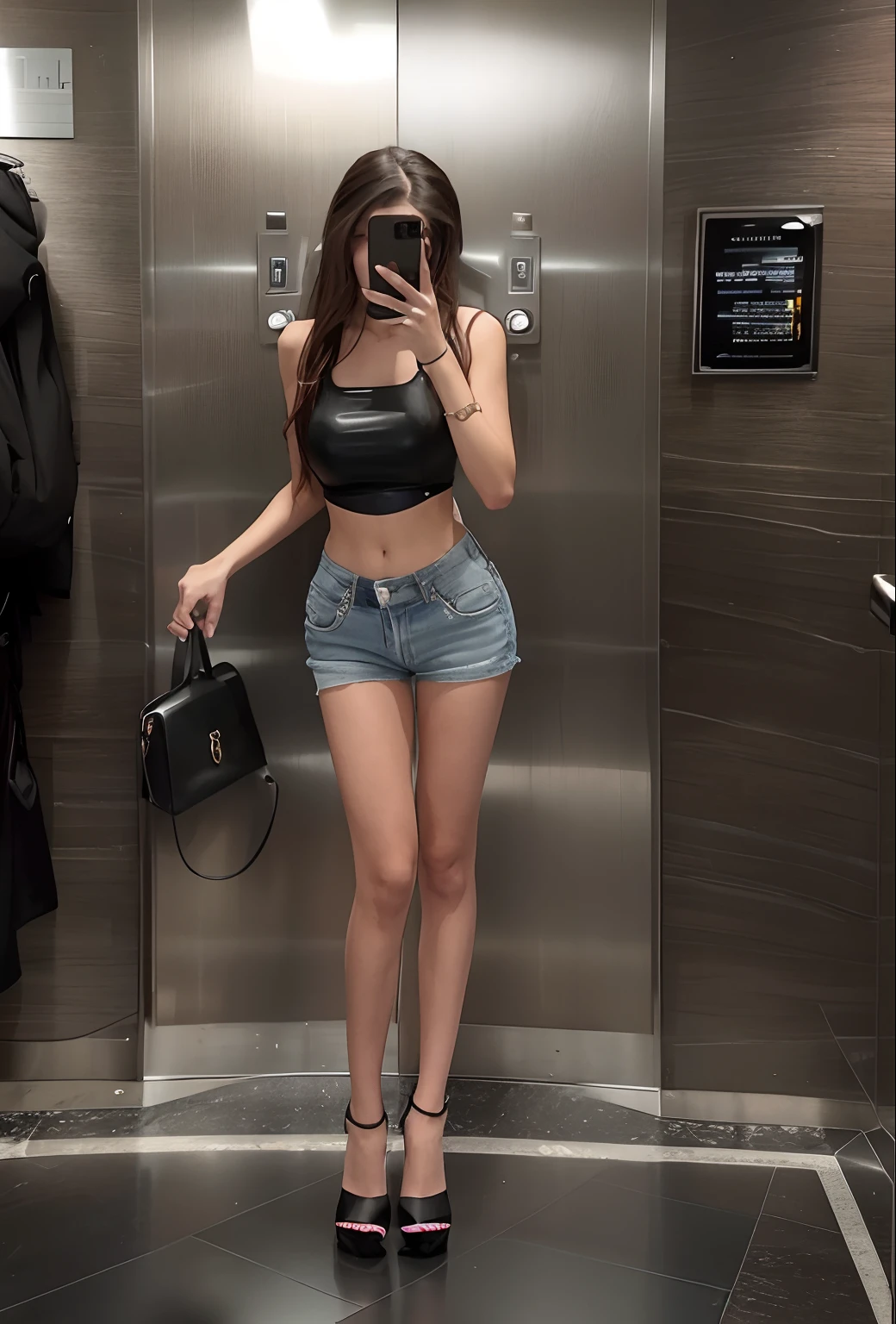 Woman taking a picture of herself in an elevator with her mobile phone, photo of slim girl, photo of slim girl model, 2 4 year old female model, skinny waist and thick hips, Thin waist, Sexy look, very sexy outfit, Sexy style, wearing sexy cropped top, Good hips and long legs, Sexy girl, full body cute young lady