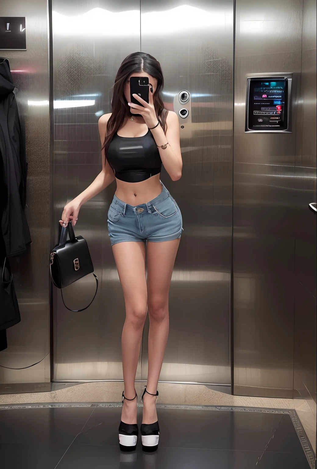 Woman taking a picture of herself in an elevator with her mobile phone, photo of slim girl, photo of slim girl model, 2 4 year old female model, skinny waist and thick hips, Thin waist, Sexy look, very sexy outfit, Sexy style, wearing sexy cropped top, Good hips and long legs, Sexy girl, full body cute young lady