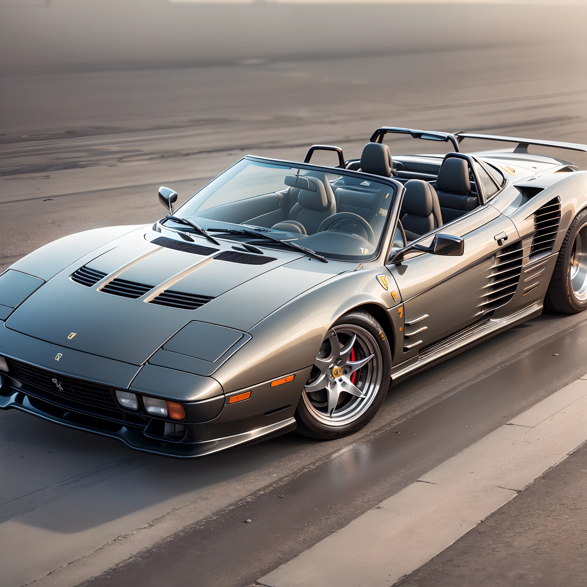 (solo), (a detailed full-body RAW photo of a Ferrari Testarossa Convertible Muscle-Car, large fenders, wide wheels, curvilinear body. metallic silver color, reflective, inside a black and dark garage, poor lighting), (masterpiece: 1.0), (best quality: 1.4), (ultra highres: 1.2), (photorealistic: 1.4), 8k resolution, , ultra detailed. --auto --s2
