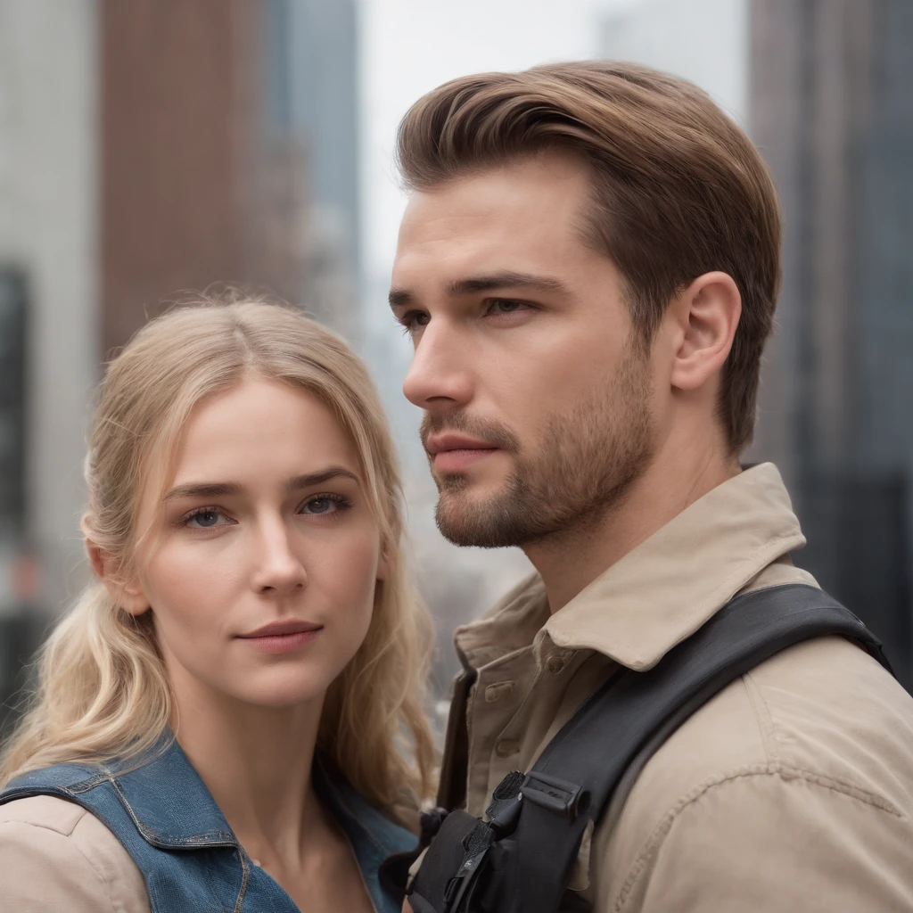 Book cover for dystopian novel. The city is behind the couple, The two are together with their son. She is blonde and has her hair in a ponytail, and she's shorter than him. He's tall, forte e com uma barba leve no rosto, o filho tem 8 anos