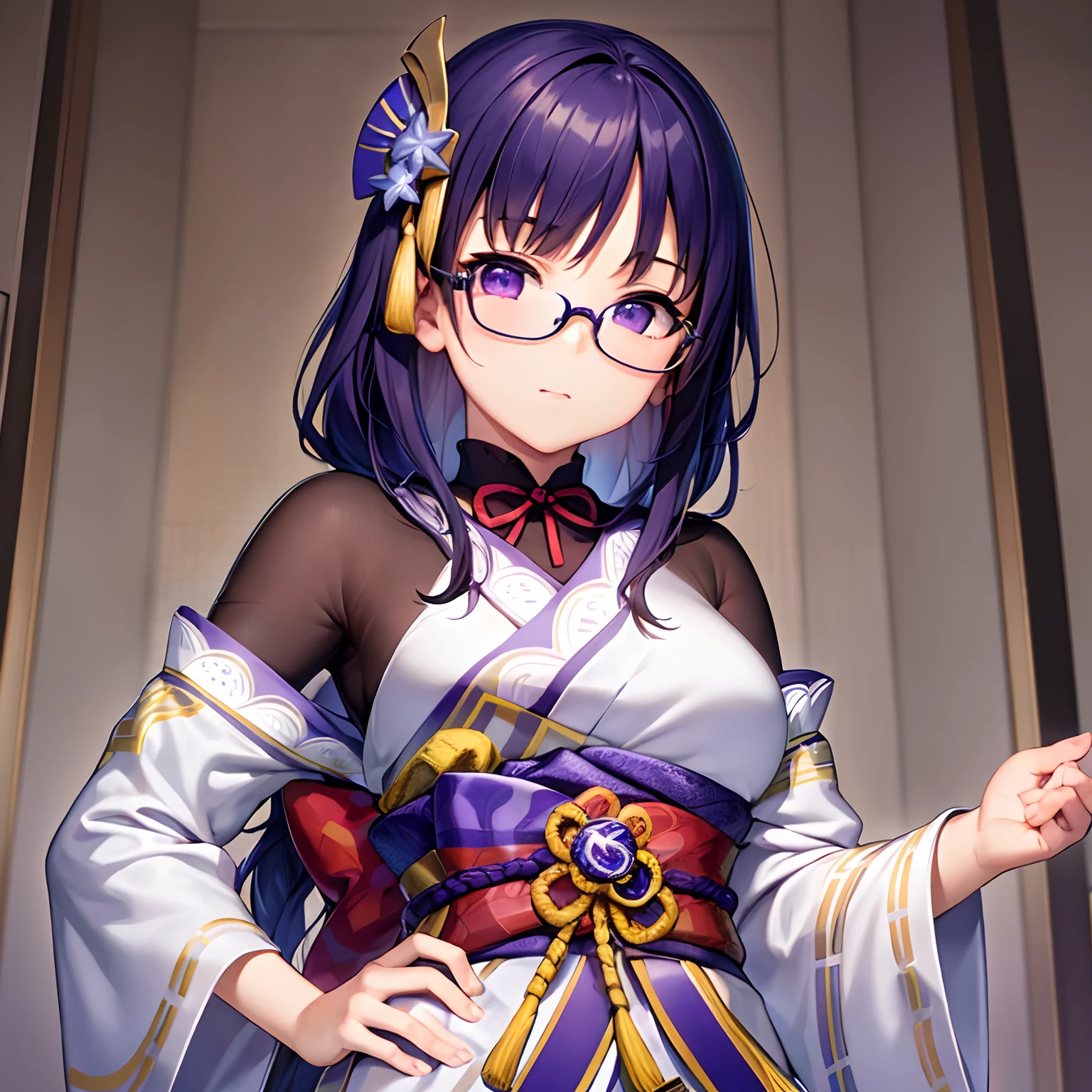 Gilr,(master part, melhor qualidade, ultra detalhado, hyper realistic, fotografia),delicate pattern, Antecedentes detalhados, sem censura completamente, 1Raiden shogun, cowboy shot, menina japonesa, sala de aula, Uniforme escolar, colarinho solto, saia, looking over eyewear, cabelo entre os olhos, place your index finger and a hand on your hip, irritado com bochechas inchadas, de cima, inclinando-se para a frente,