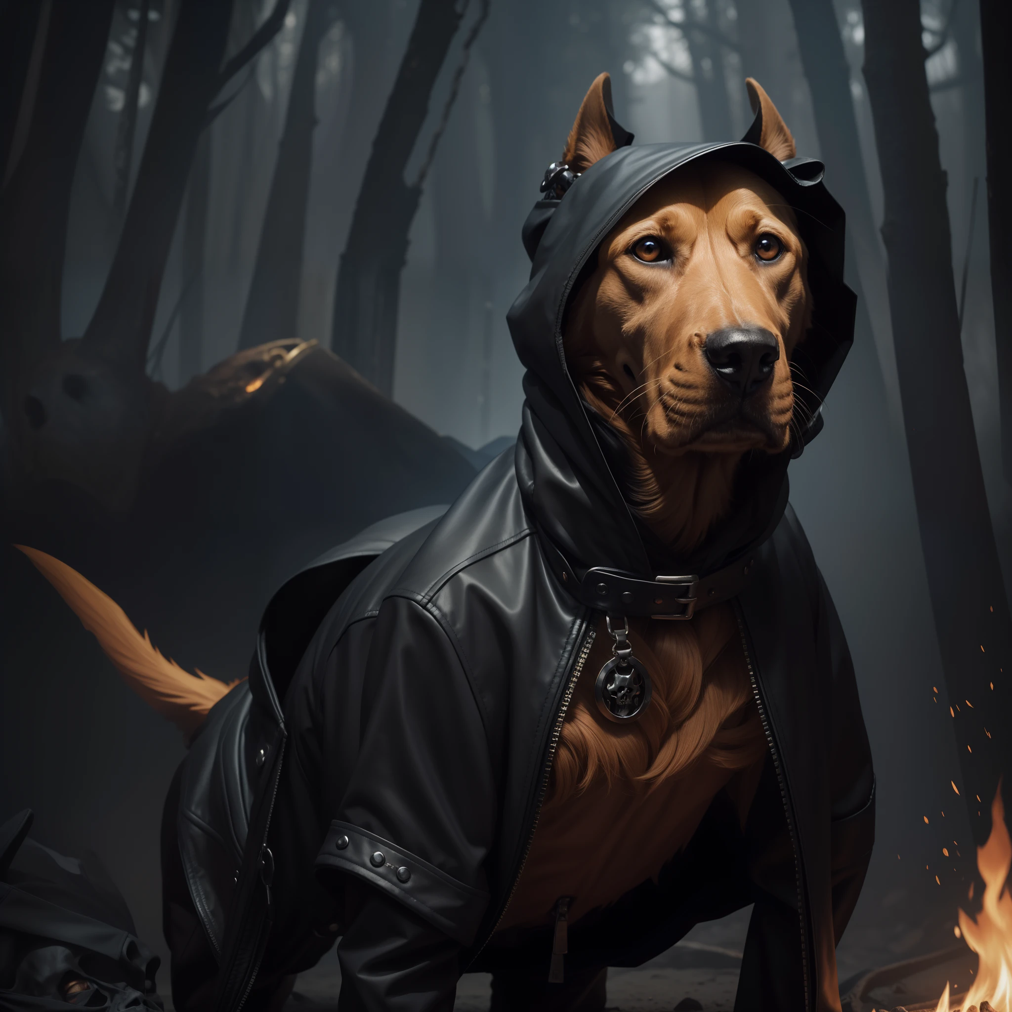 Background change Hell imagination fire, (A Skulton with Jacket Hood Full Screen with Dog, Skulton Have a Dreamy Necklus, Skulton Looks into camera, Skulton one Hand is on the head of dog), 8k, high quality, dreamy photo, illustration, illusion,