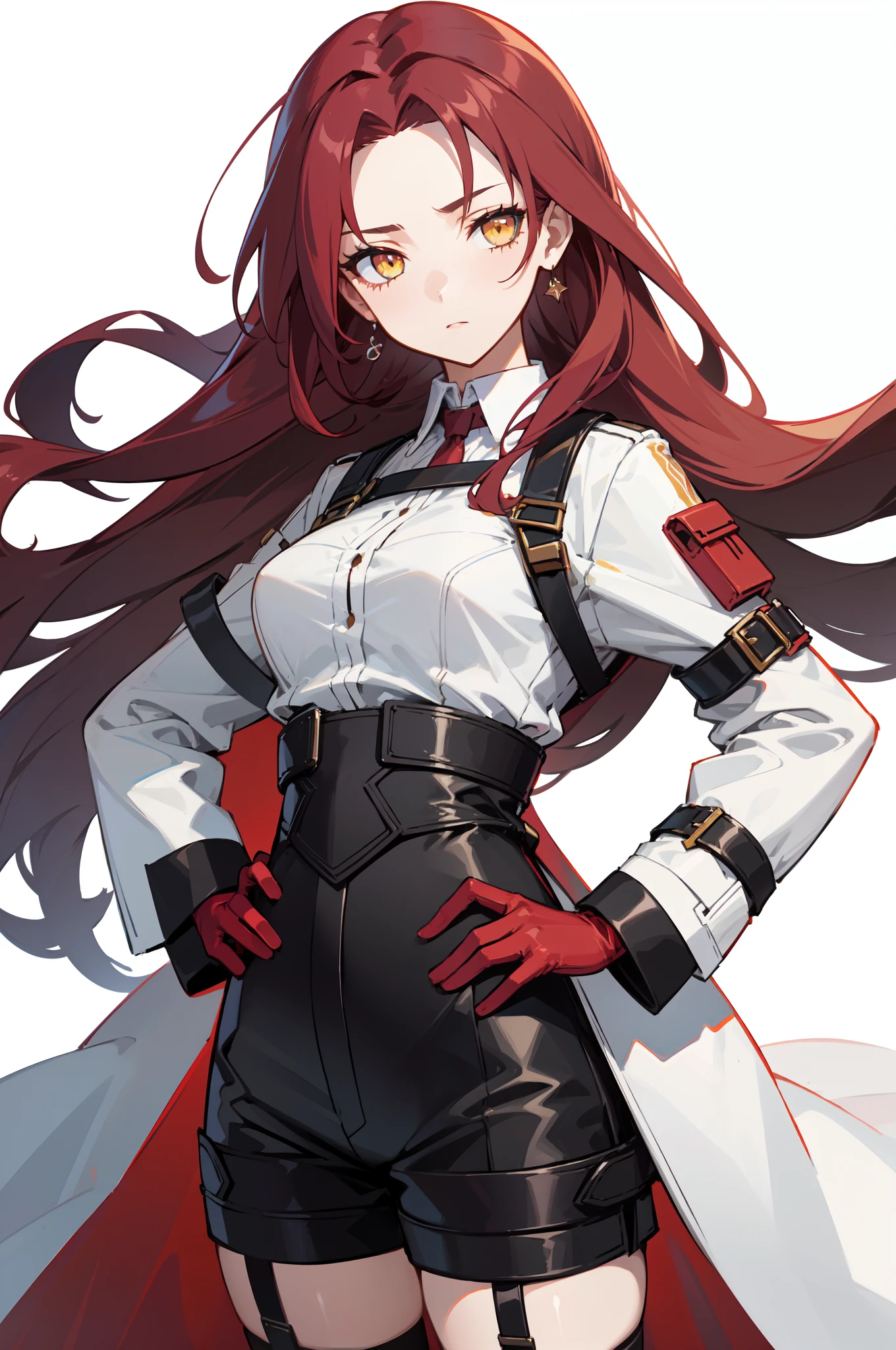 1girl, young woman, solo, scarlet red hair, long hair, big hair, (forehead), yellow eyes, medium breasts, neutral, (overcoat, black coat, open coat:1.2), white shirt, collared shirt, (chest harness, shoulder strap:1.15), black shorts, garter belt, thighighs, gloves, elegant, looking away, simple background, transparent background, standing, focus hands on hips, close-up, face only, masterpiece, best quality, 4k