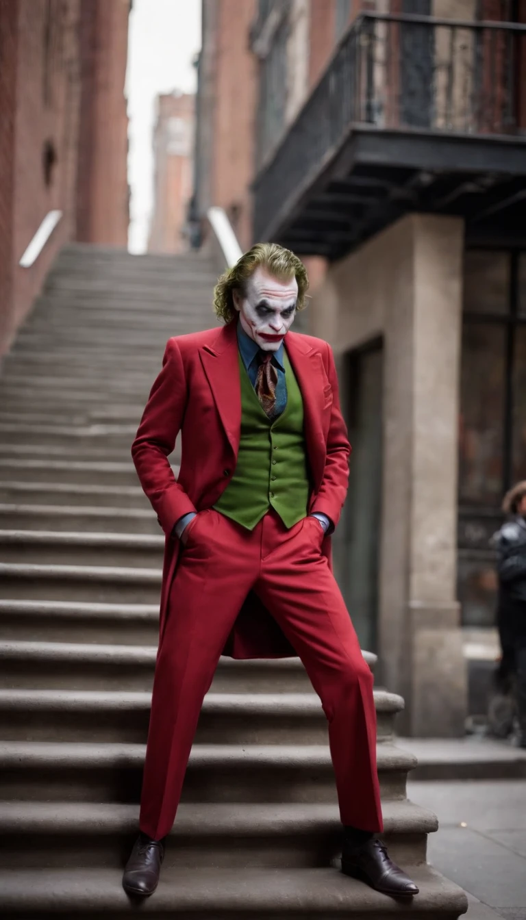 movie、Joker Filming Locations、newyork、Anderson Street、A long staircase leading to Shakespeare Street、Red suit、Joker Makeup、middle aged man、