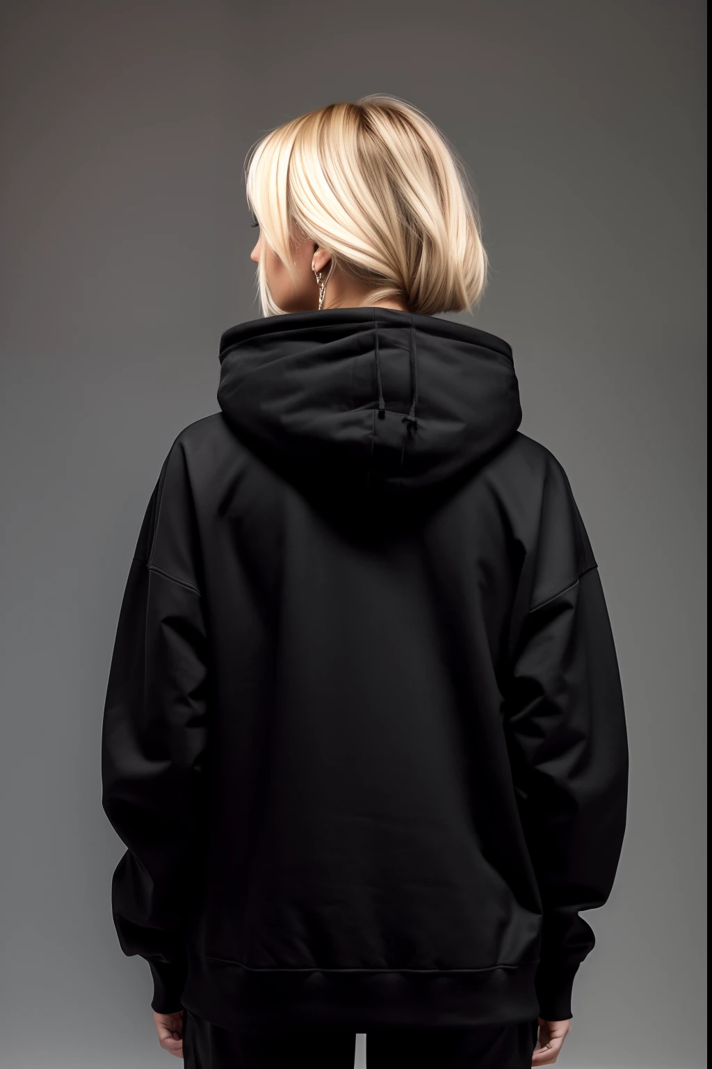 blonde girl 25 years old, with bob bob hairstyle in a black hoodie, standing with her back to the camera, in a black hoodie, in a black hoodie, Black hoodie, A girl in a hoodie, a black hoodie, A photo of a woman in the field of clothing, In an oversize hoodie, Wearing a black hoodie hooded, hooded sweatshirt, rear view, black clothing, long-range blow from the back, back - view, white background white background around
