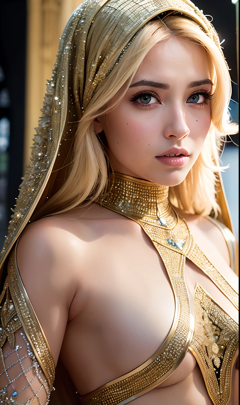 Very Beautiful princesse glowing eyes sexy Mouth glowing crystal eyes hyper realistic super detailed Dynamic shot master piece blond hair européenne Princesse hyper realistic super detailed islamic caftan marocain couvre son corps entier